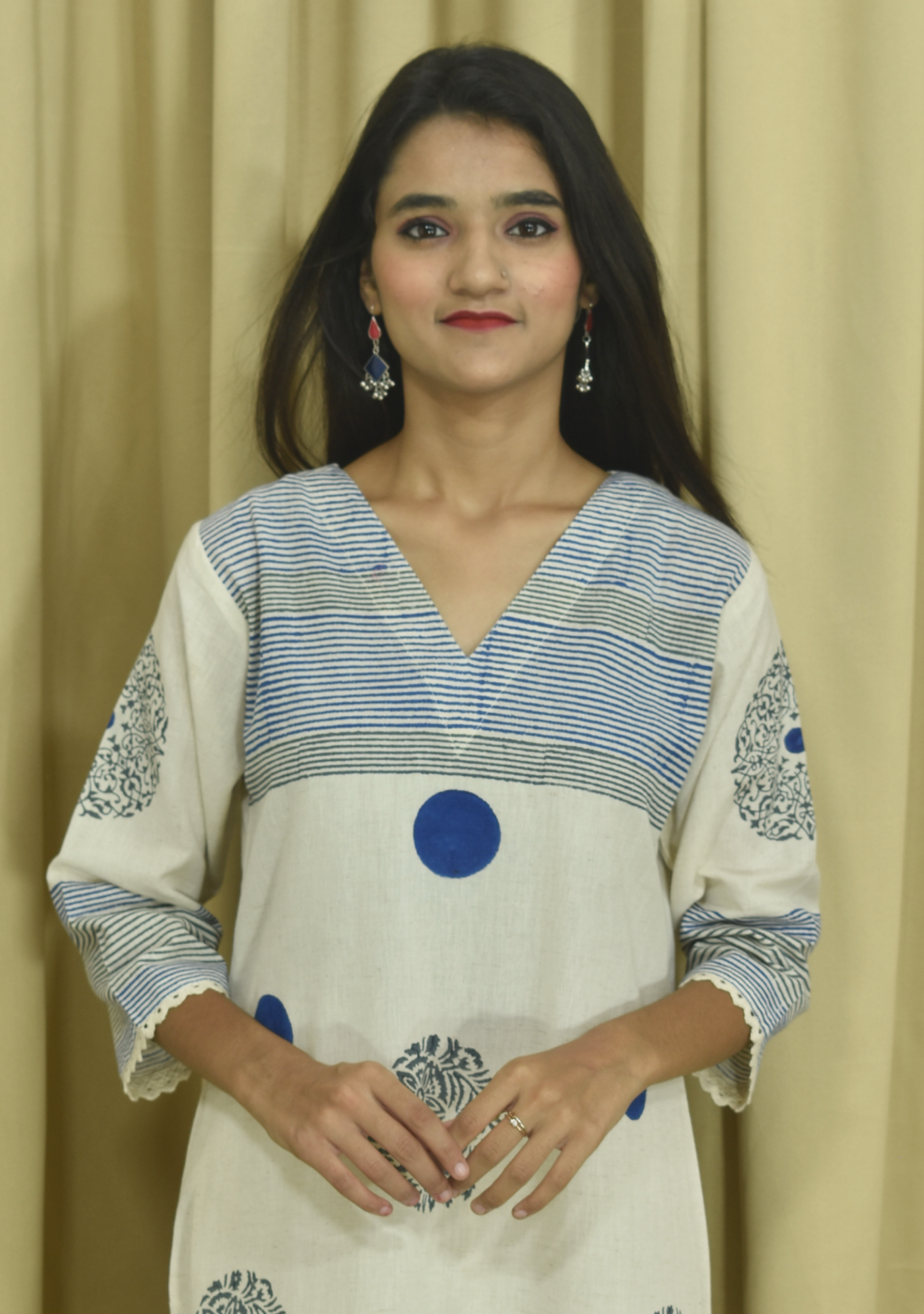 Cream Blue Dots Khadi A-Line Suit Set
