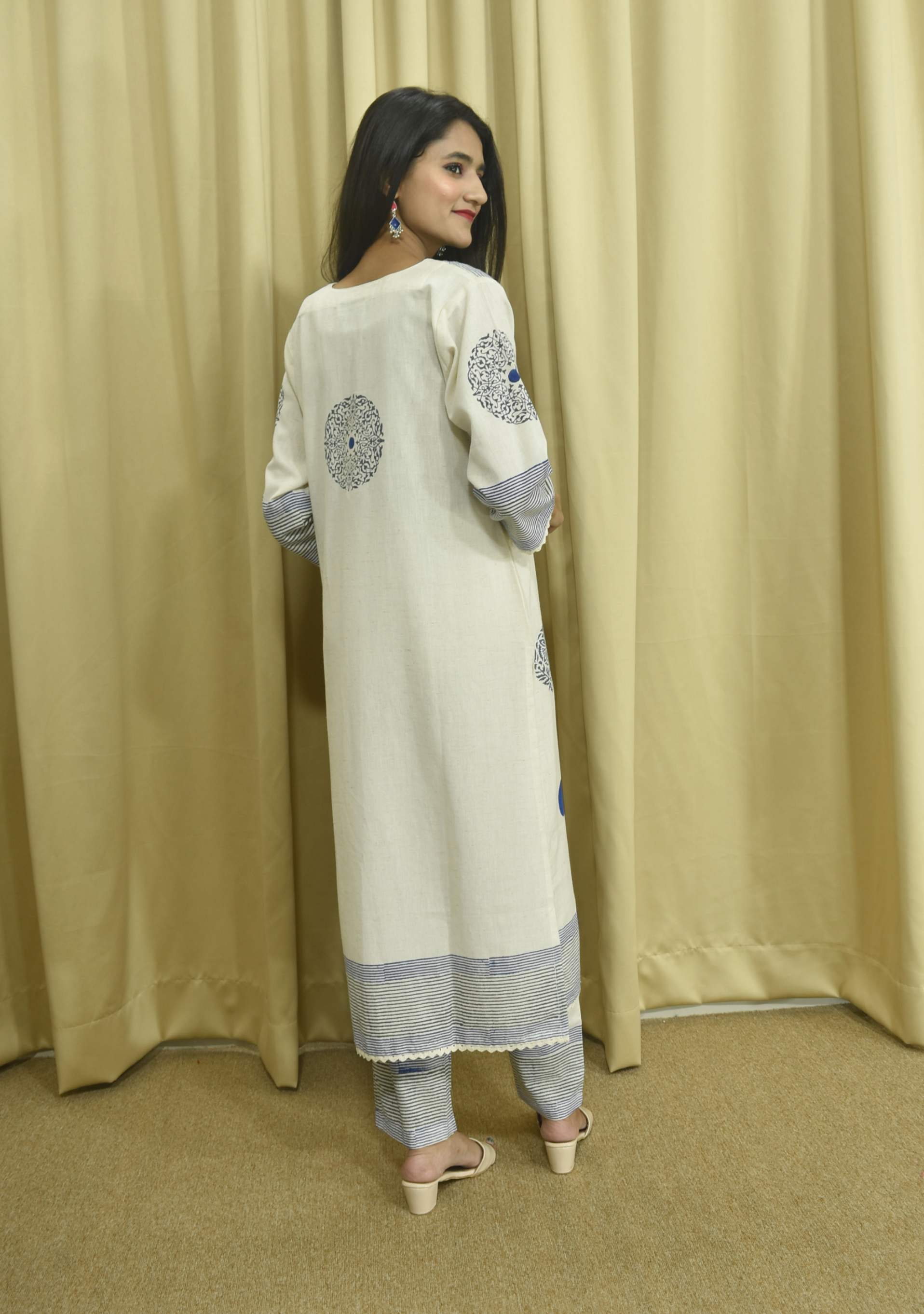 Cream Blue Dots Khadi A-Line Suit Set