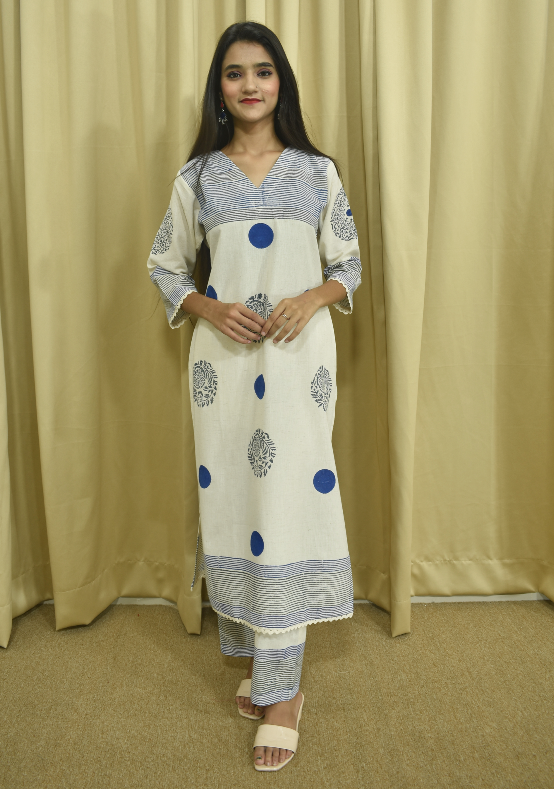 Cream Blue Dots Khadi A-Line Suit Set