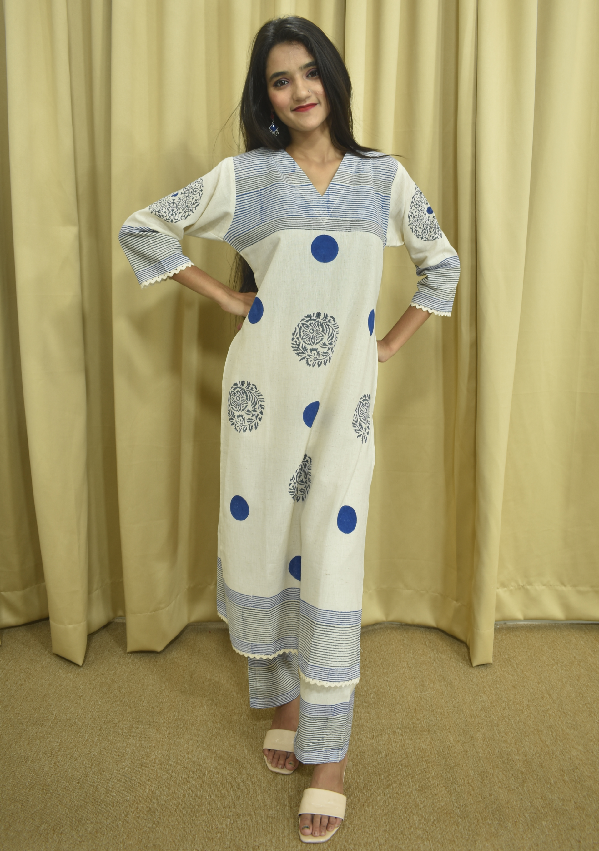 Cream Blue Dots Khadi A-Line Suit Set