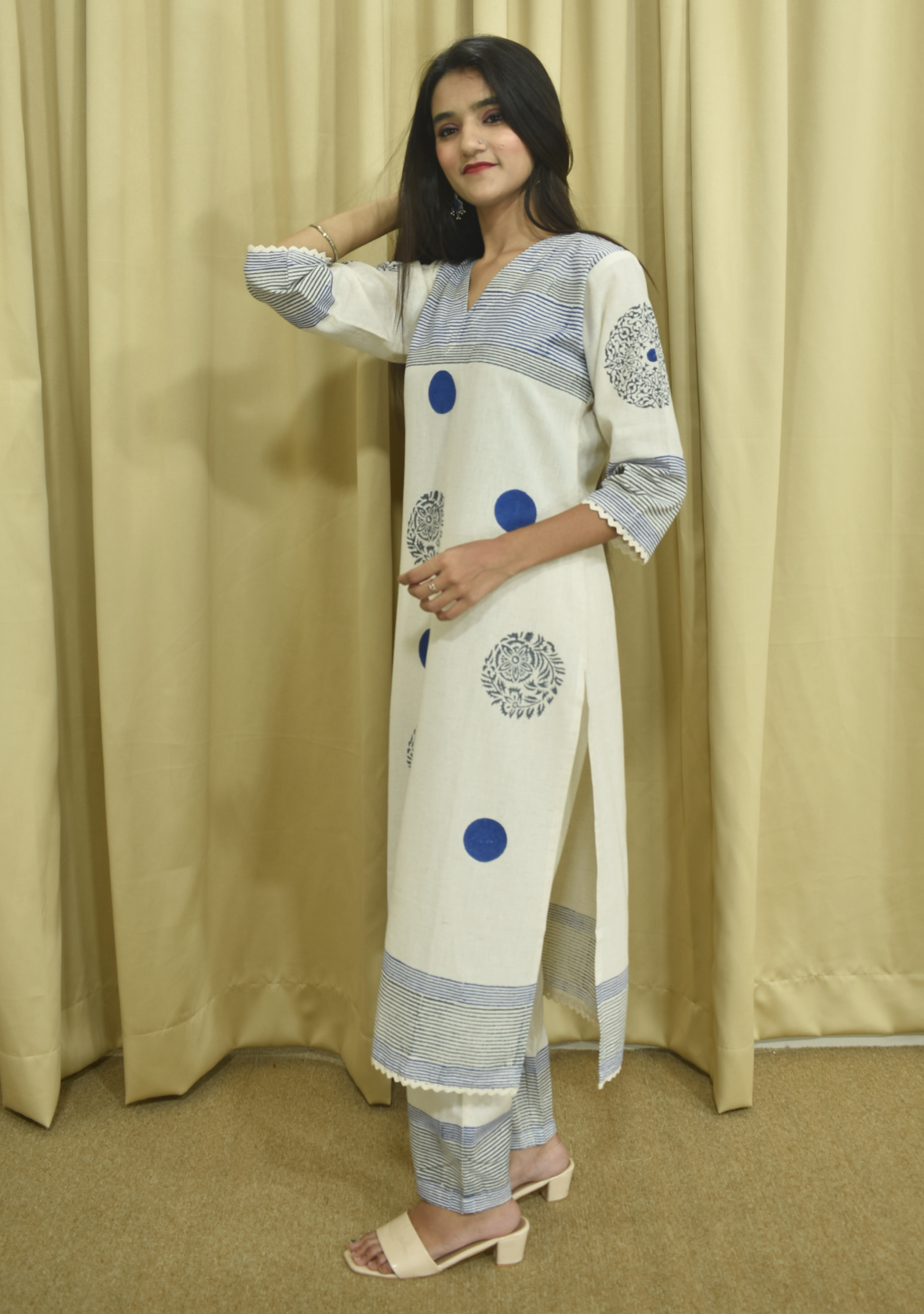 Cream Blue Dots Khadi A-Line Suit Set