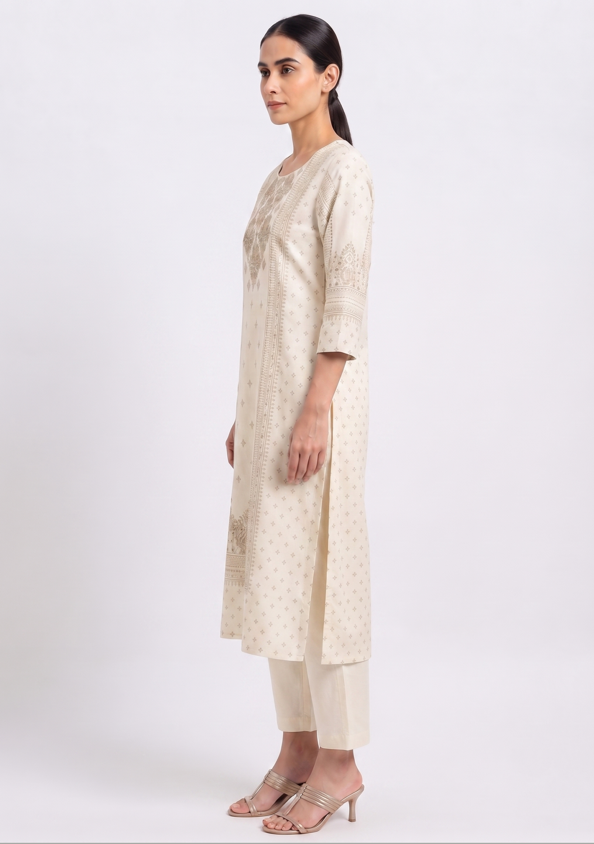 Cream Brown Khadi Embroidered 3pc Suit Set