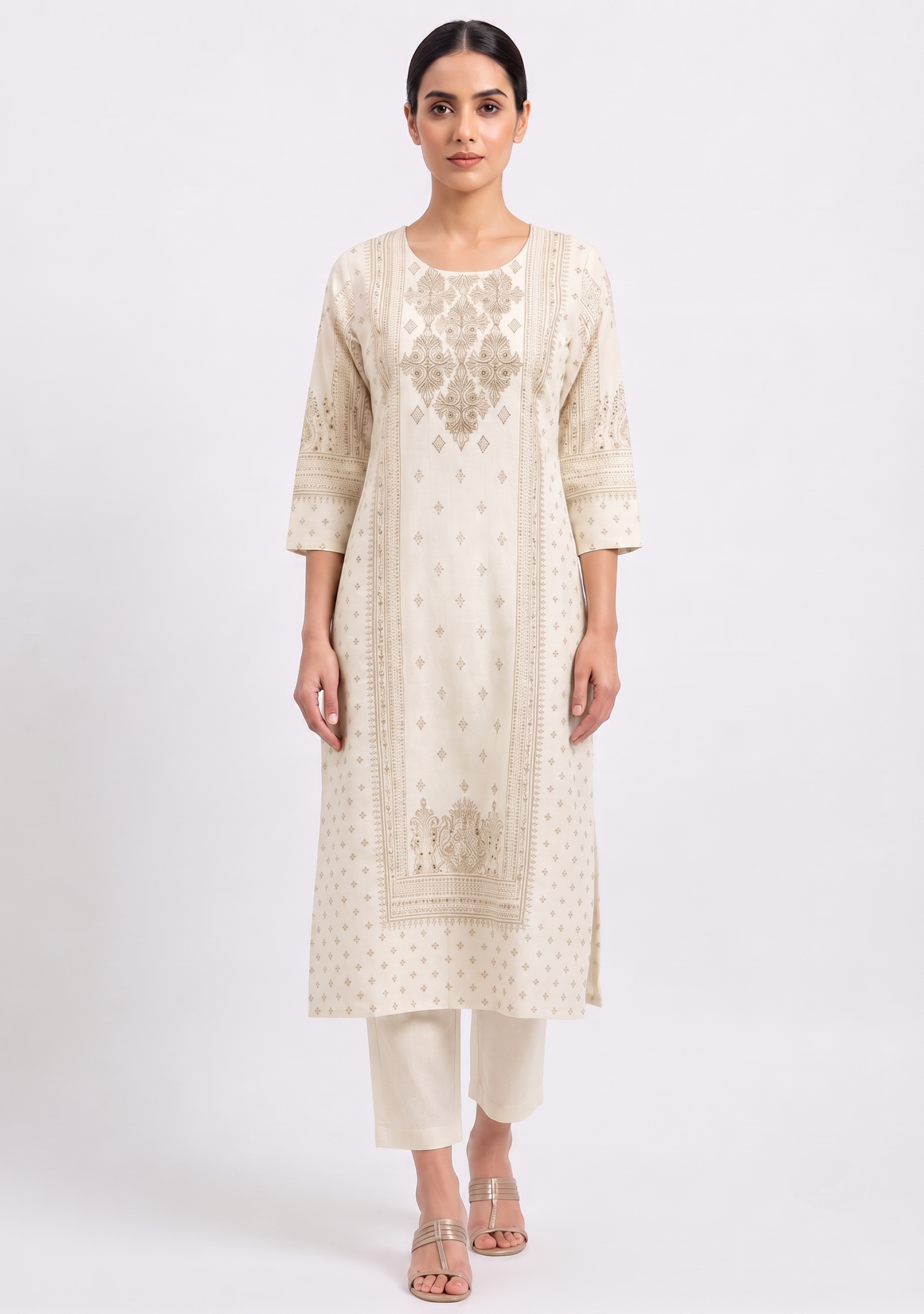 Cream Brown Khadi Embroidered 3pc Suit Set