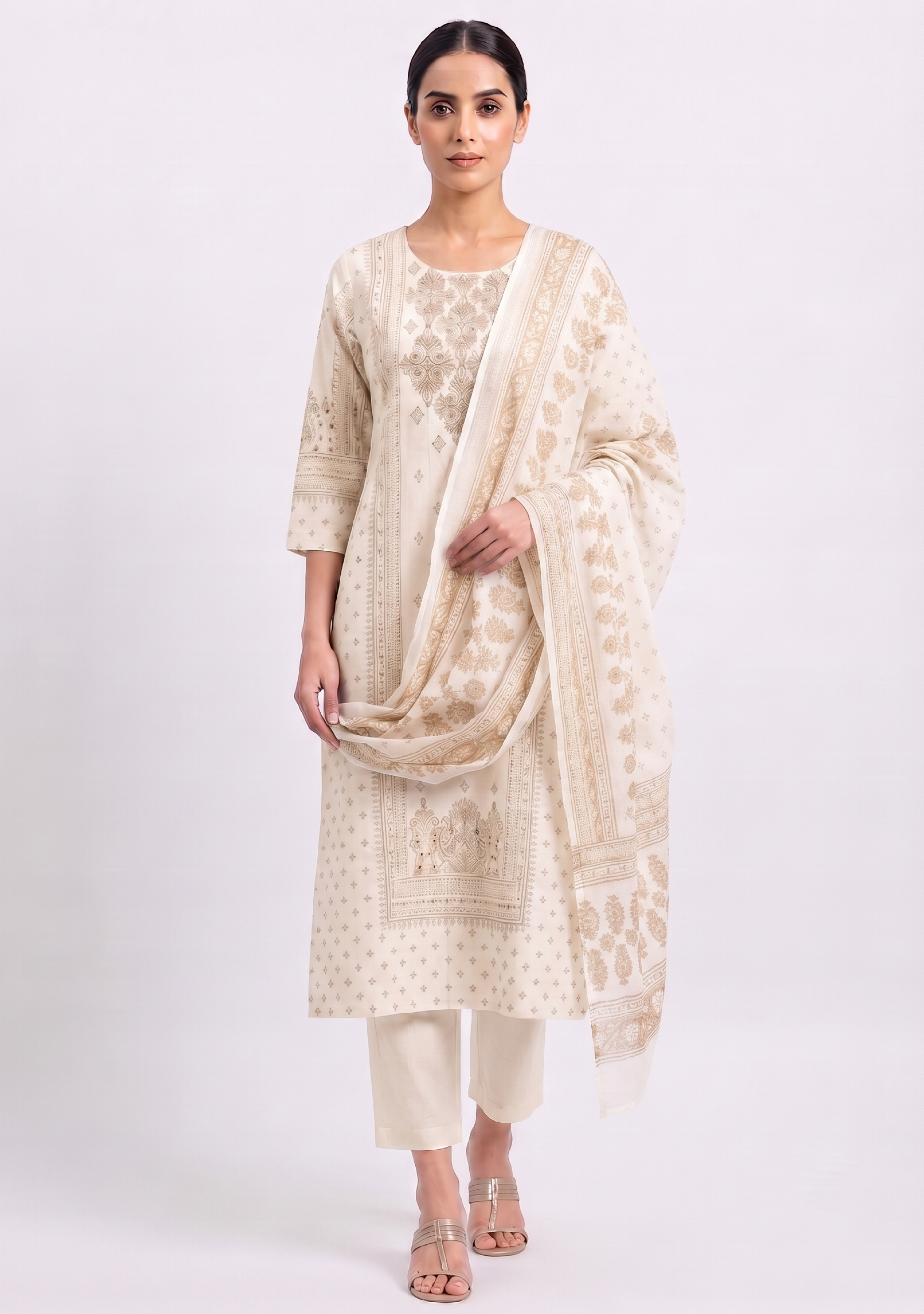 Cream Brown Khadi Embroidered 3pc Suit Set