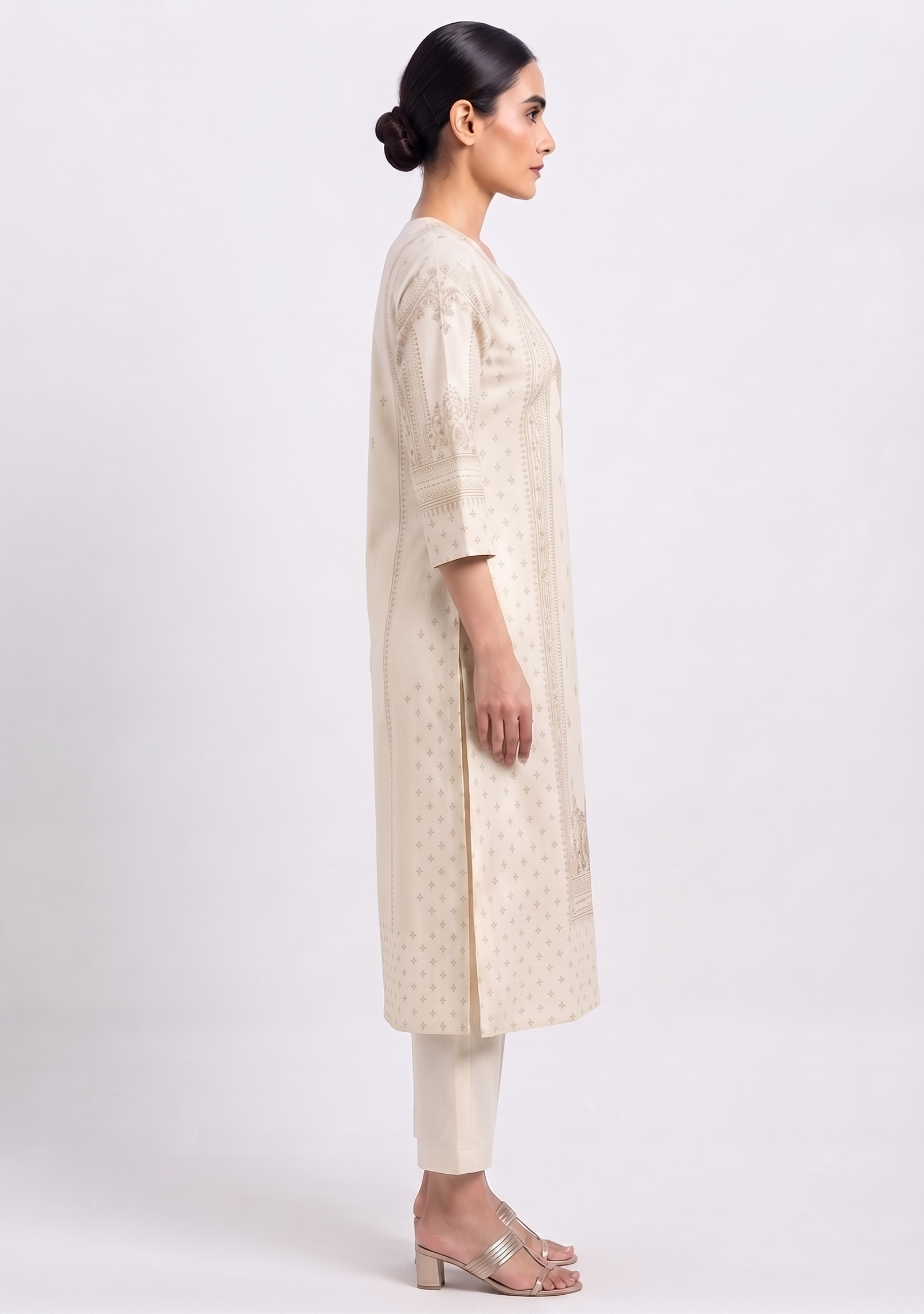 Cream Brown Khadi Embroidered 3pc Suit Set