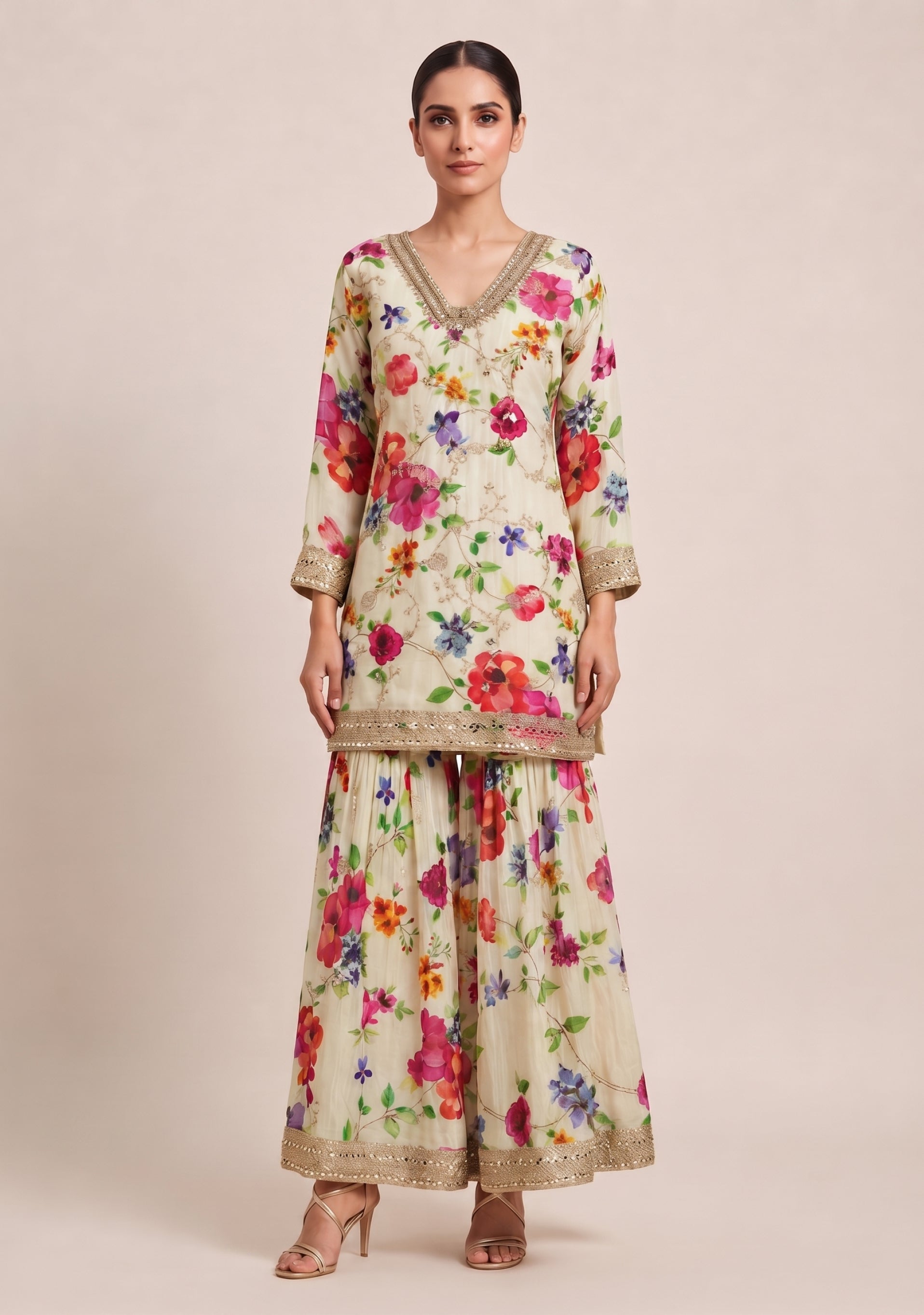 Cream Floral Chinon Handcrafted Sharara 3pc