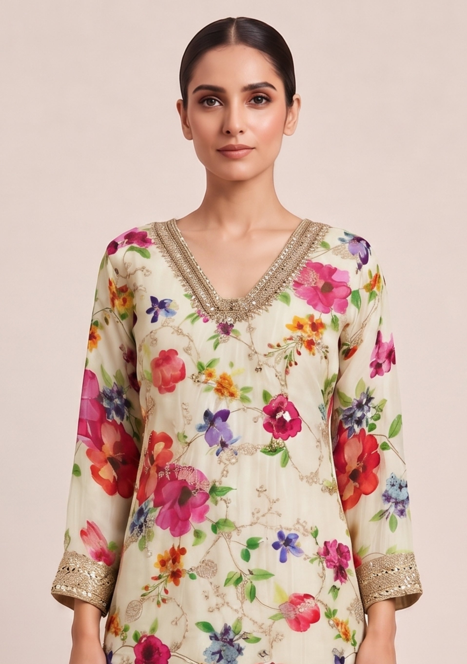 Cream Floral Chinon Handcrafted Sharara 3pc