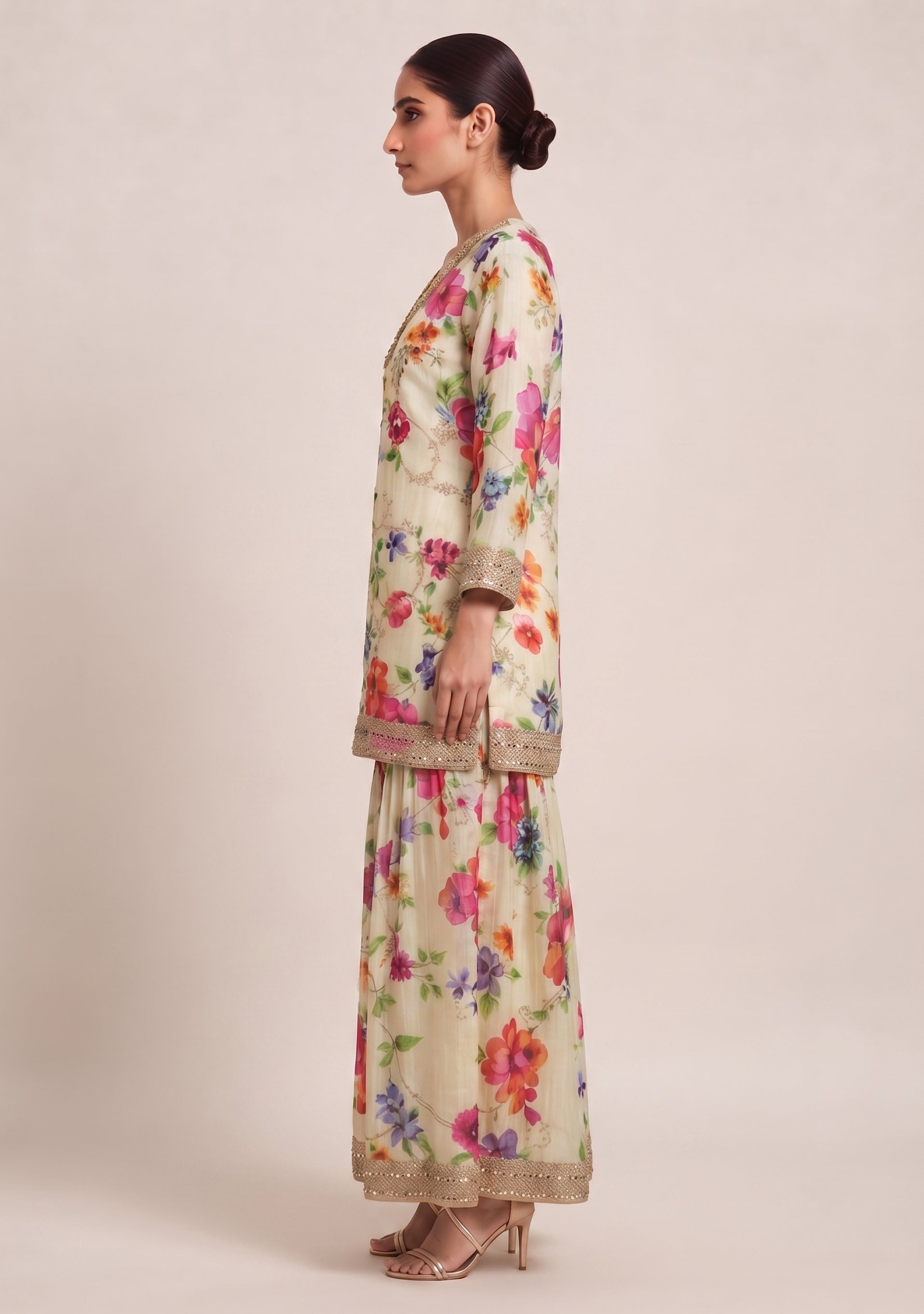 Cream Floral Chinon Handcrafted Sharara 3pc