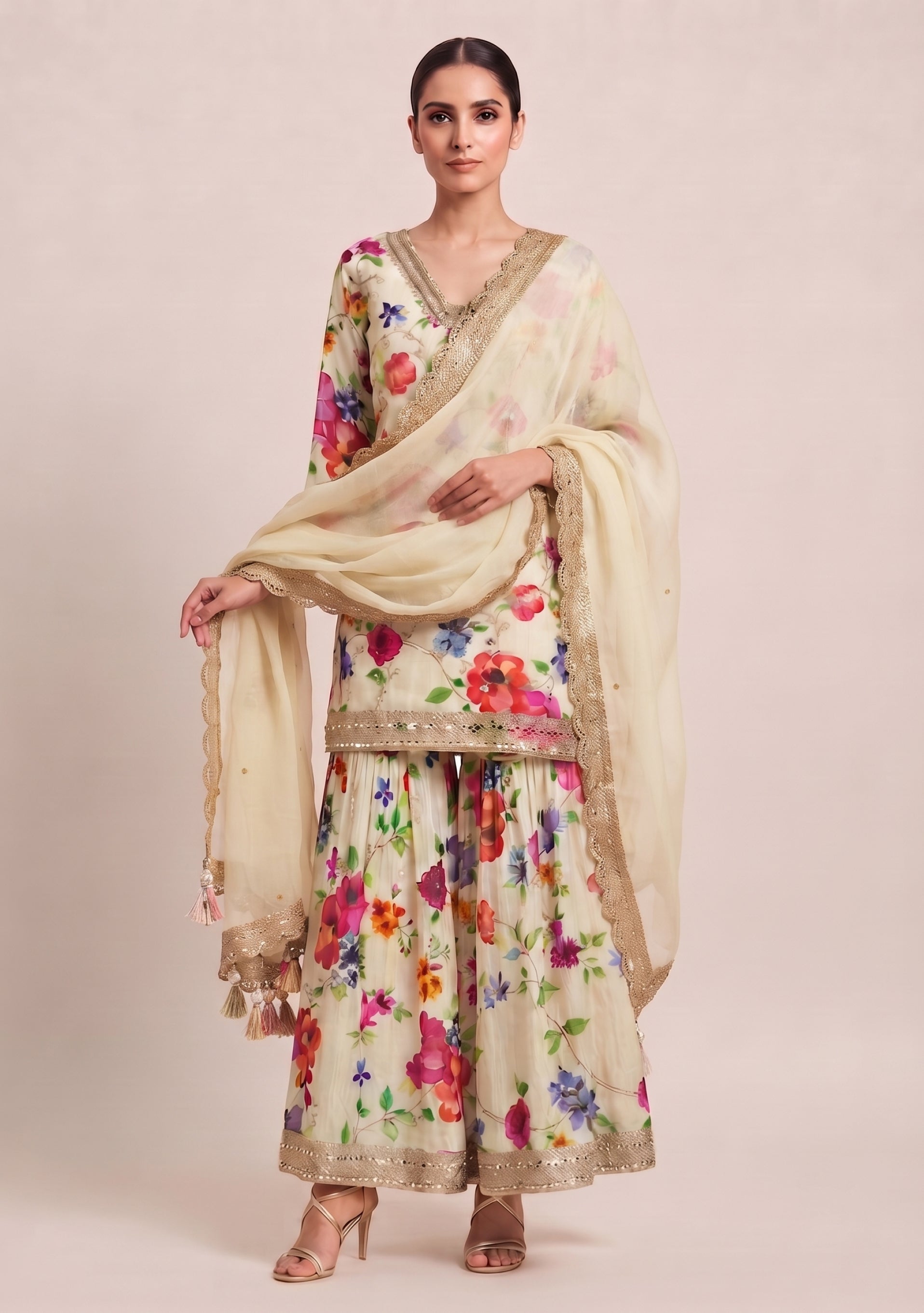 Cream Floral Chinon Handcrafted Sharara 3pc