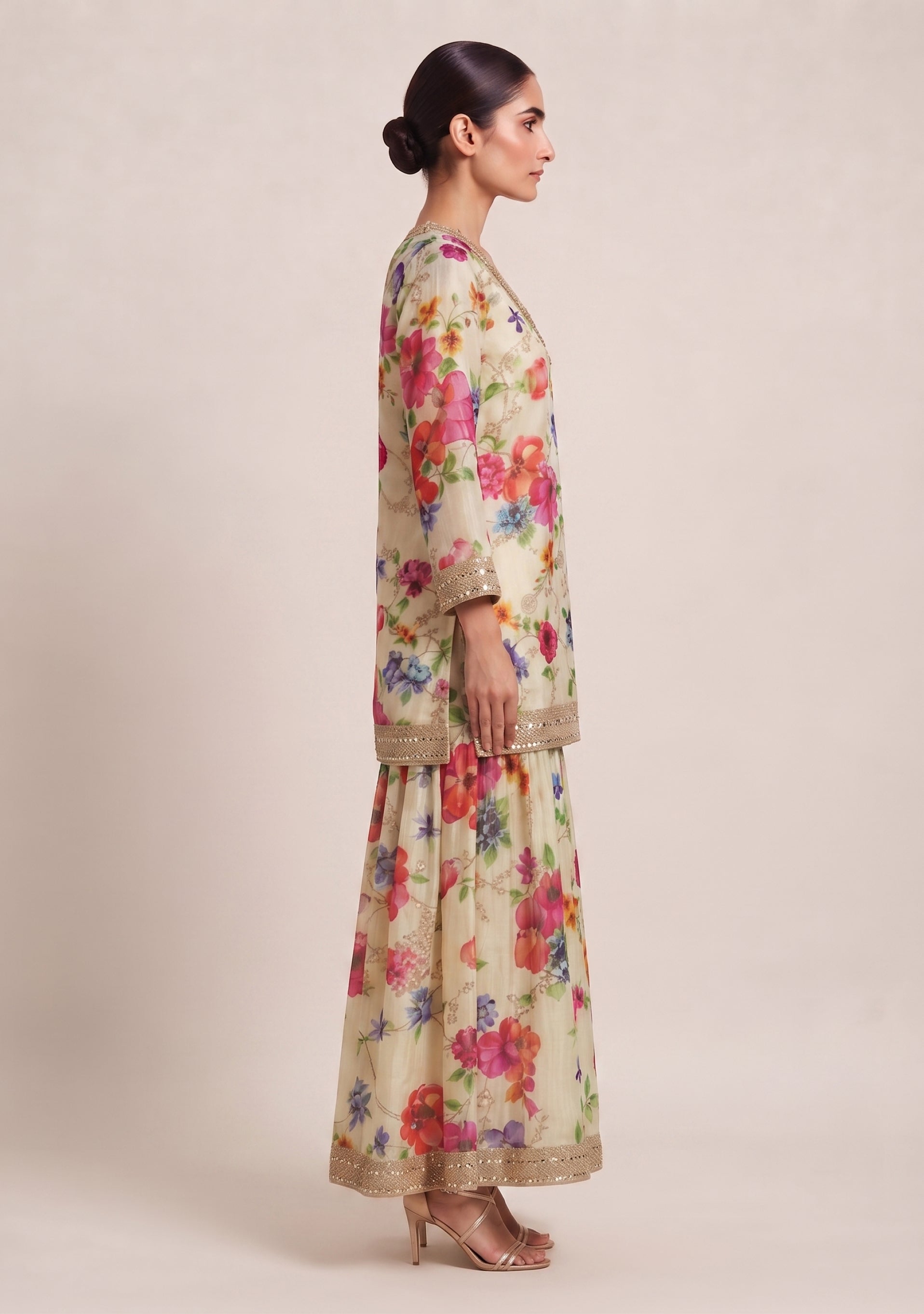 Cream Floral Chinon Handcrafted Sharara 3pc