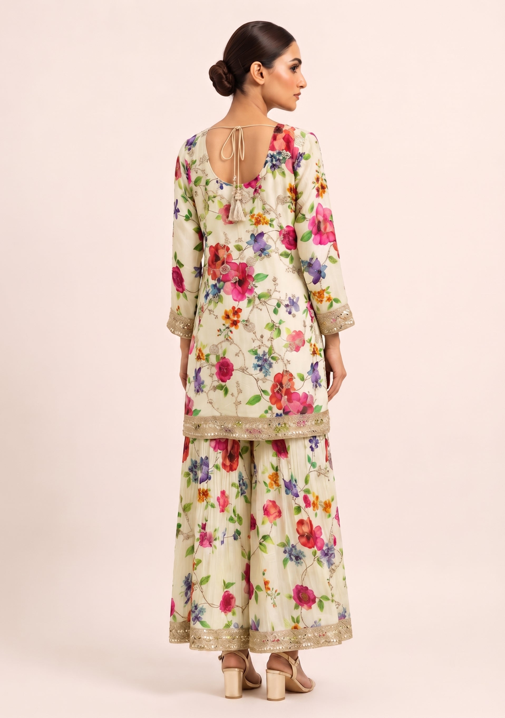 Cream Floral Chinon Handcrafted Sharara 3pc