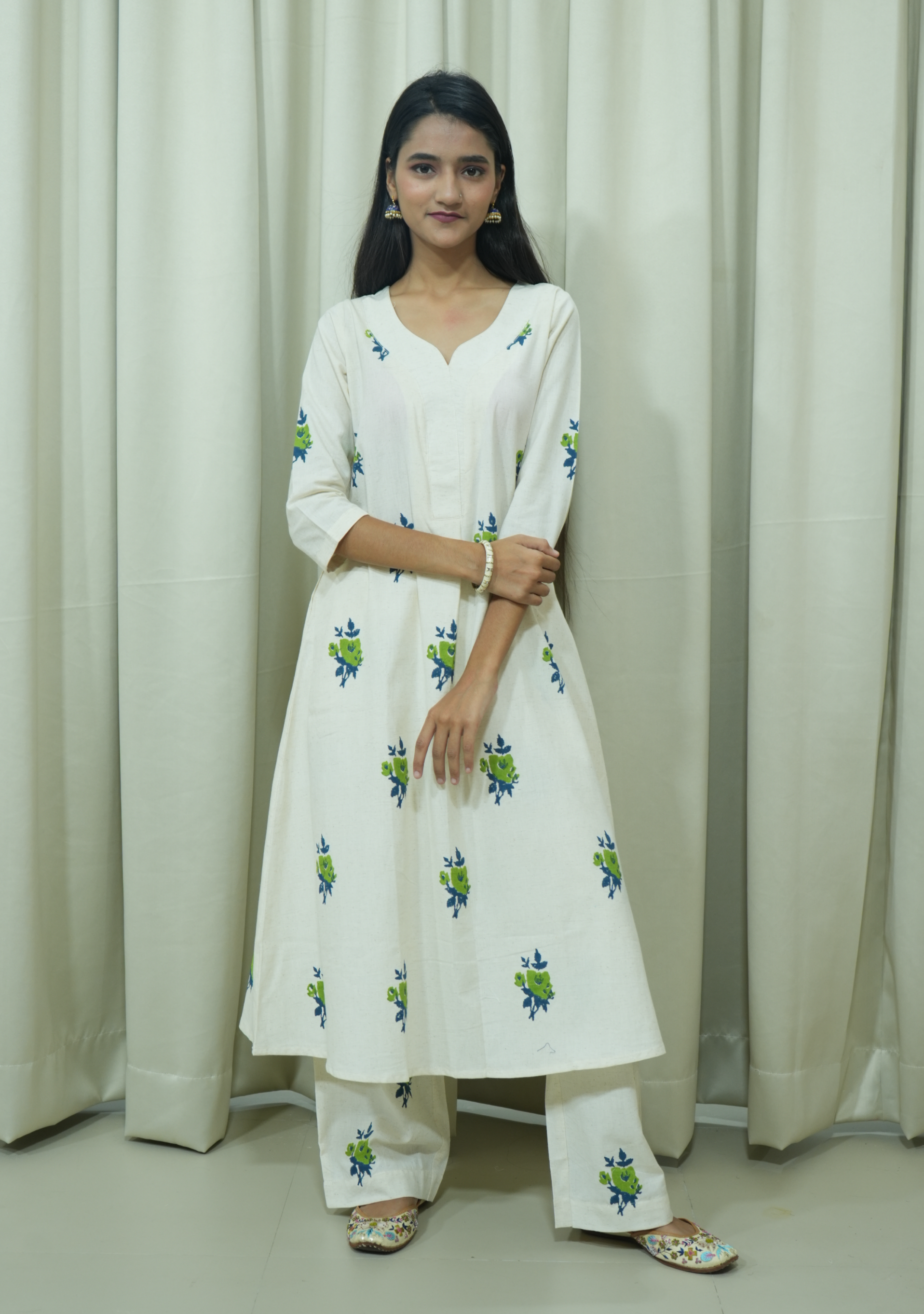 Cream Khadi Green-Booty suit Set