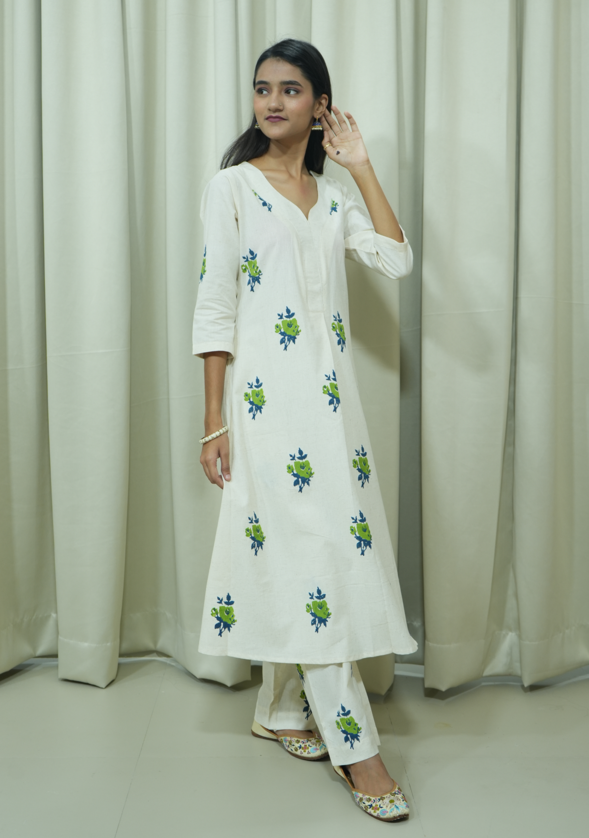 Cream Khadi Green-Booty suit Set