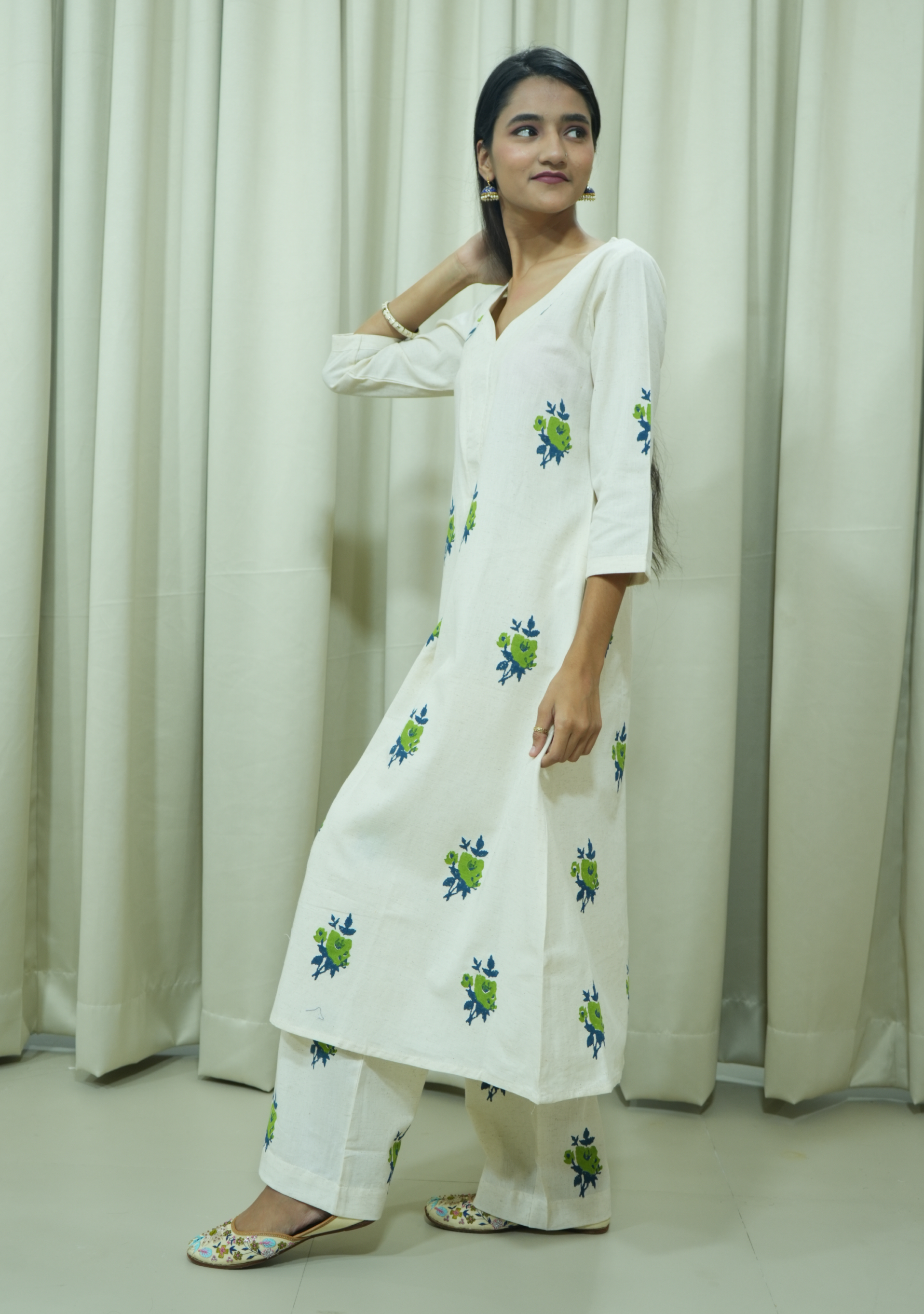 Cream Khadi Green-Booty suit Set