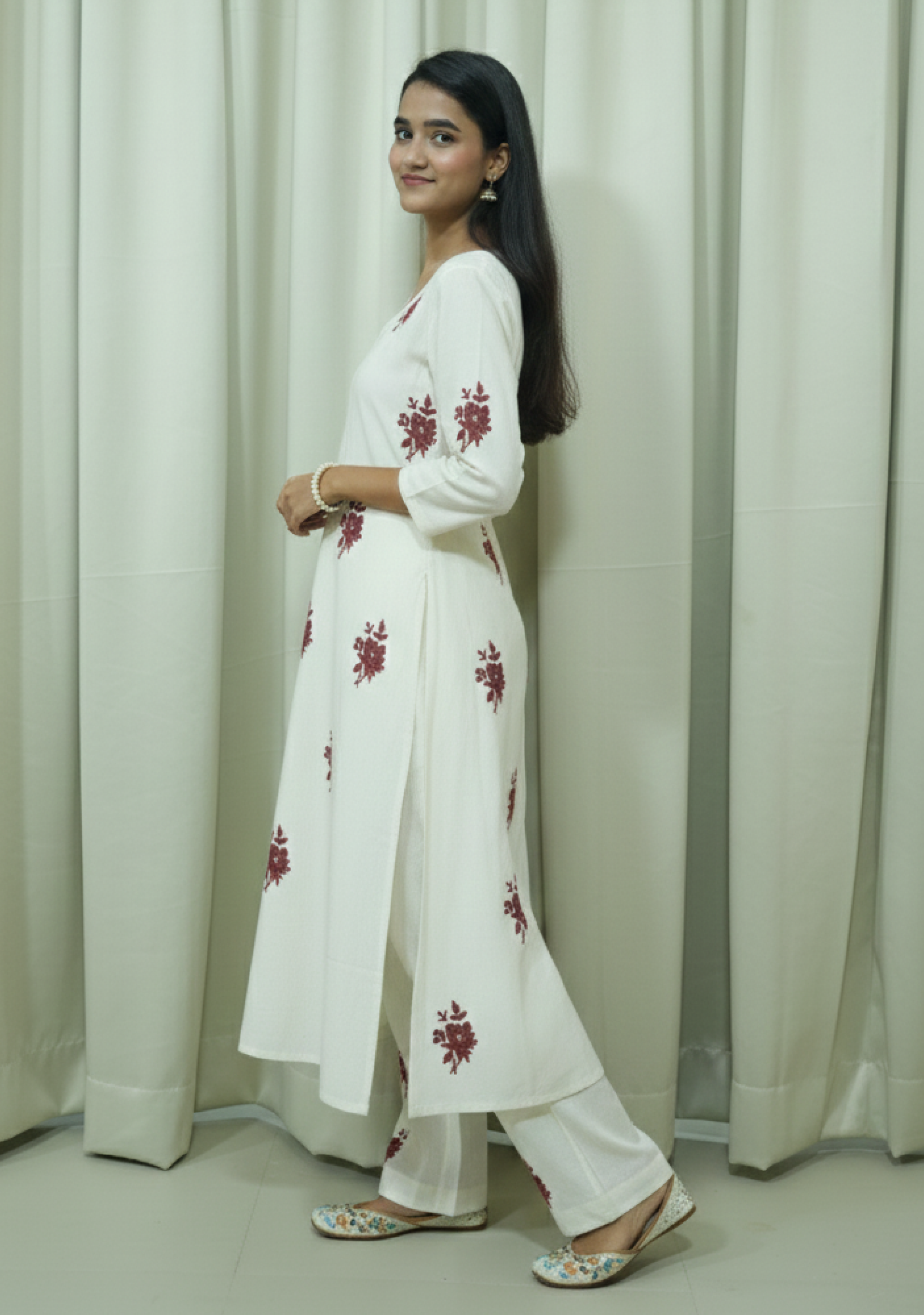 Cream Khadi Maroon-Booty Suit Set