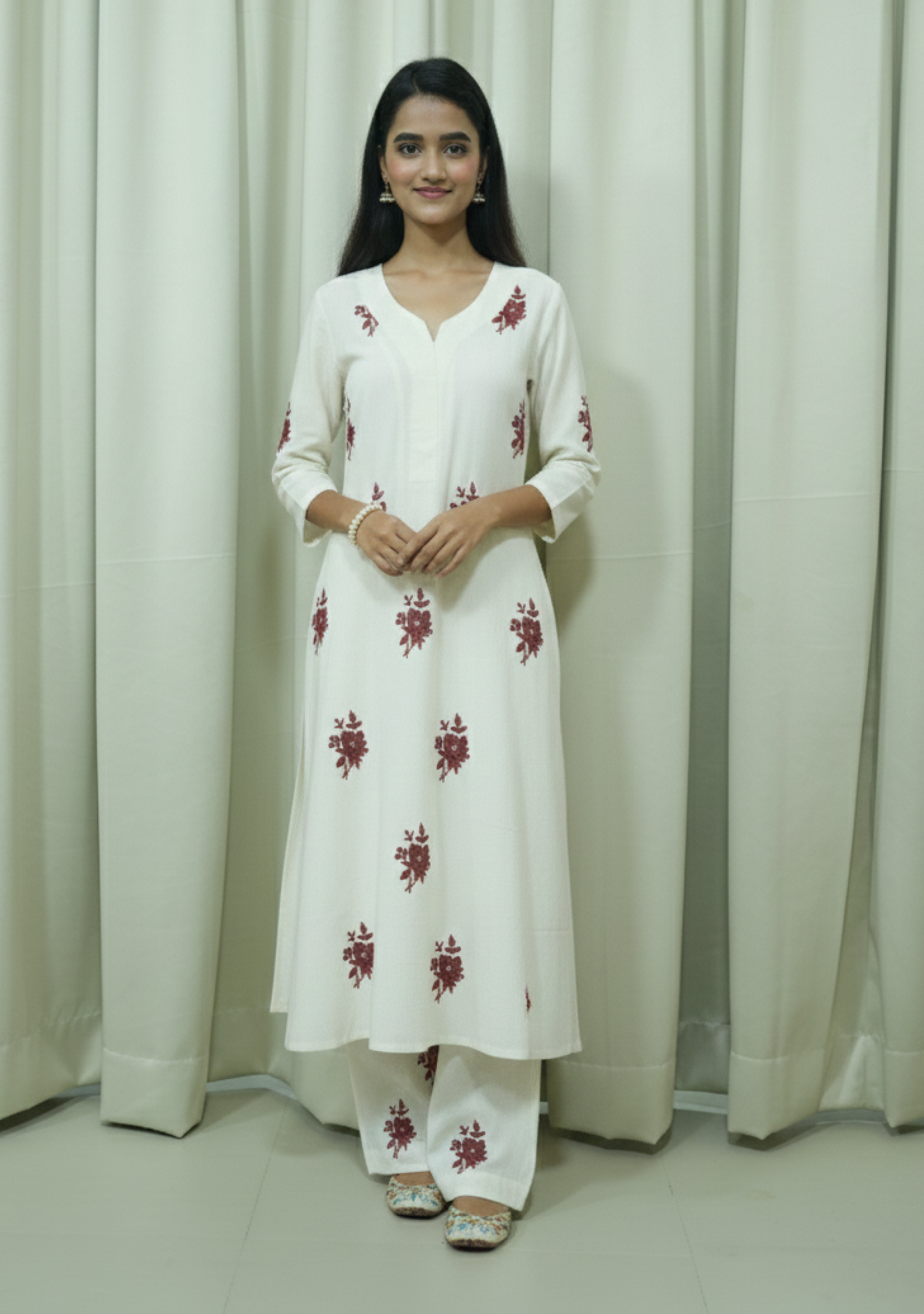 Cream Khadi Maroon-Booty Suit Set