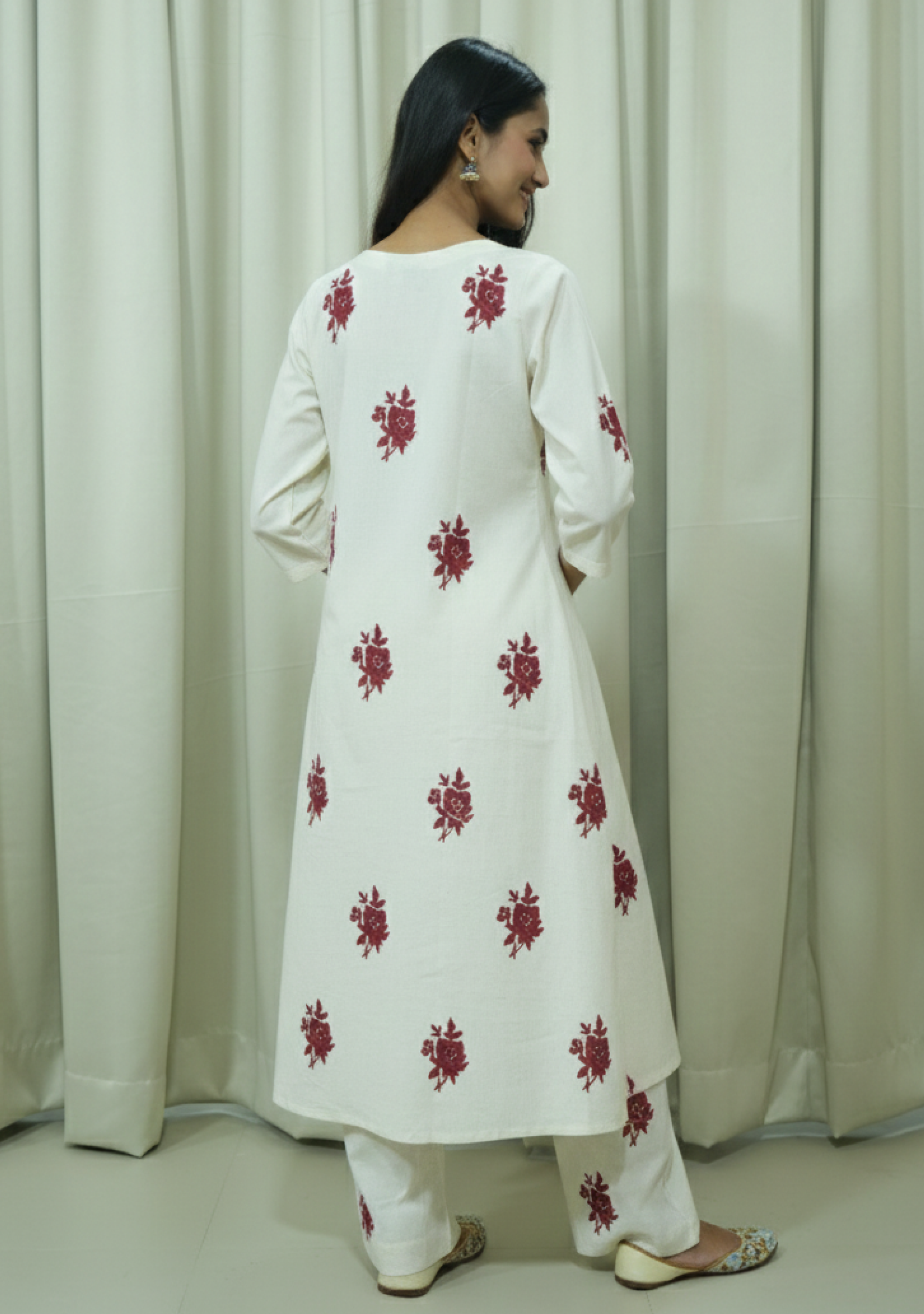 Cream Khadi Maroon-Booty Suit Set
