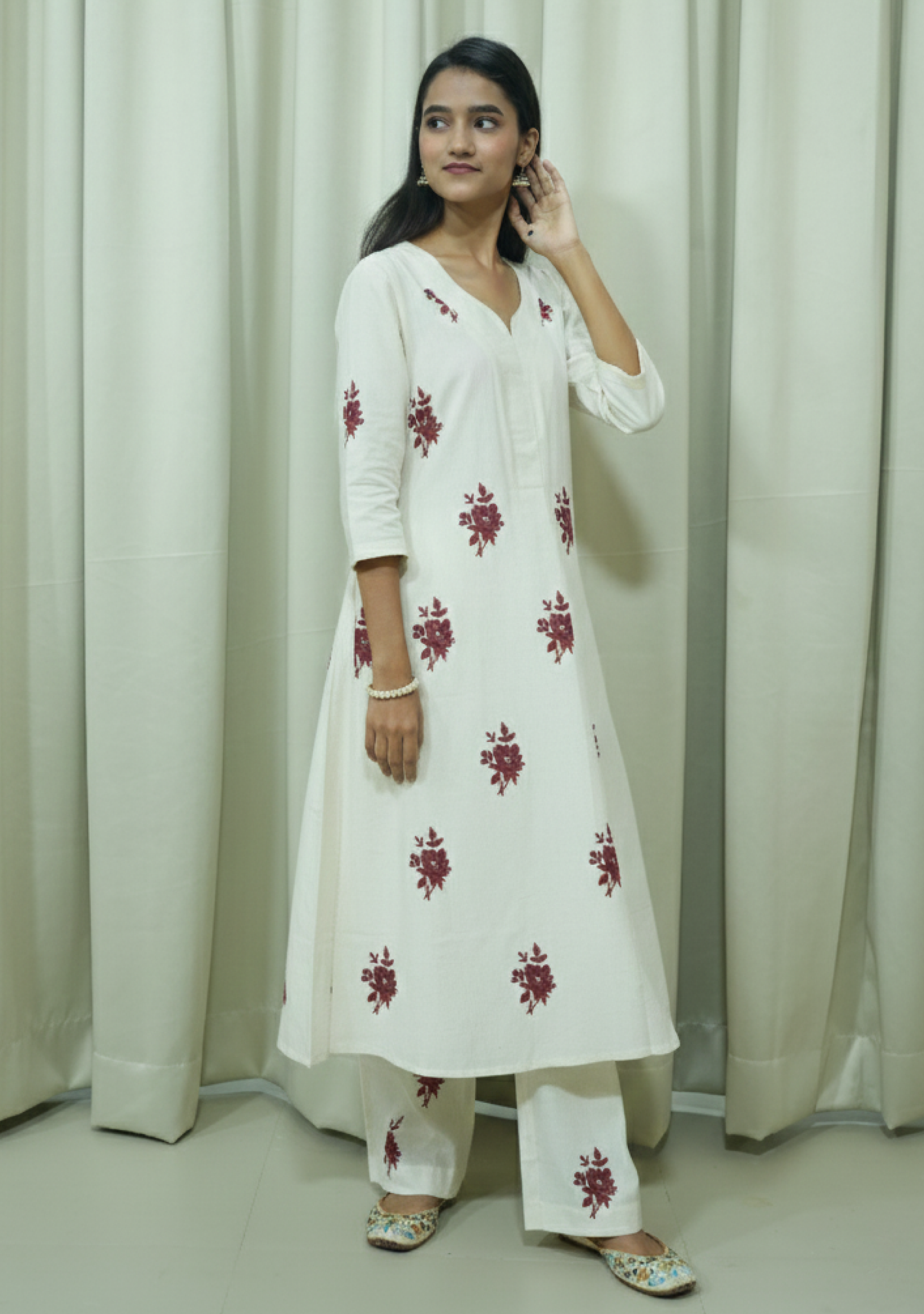 Cream Khadi Maroon-Booty Suit Set