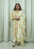 Cream Orange Printed Handcrafted Cotton 3pc suit set
