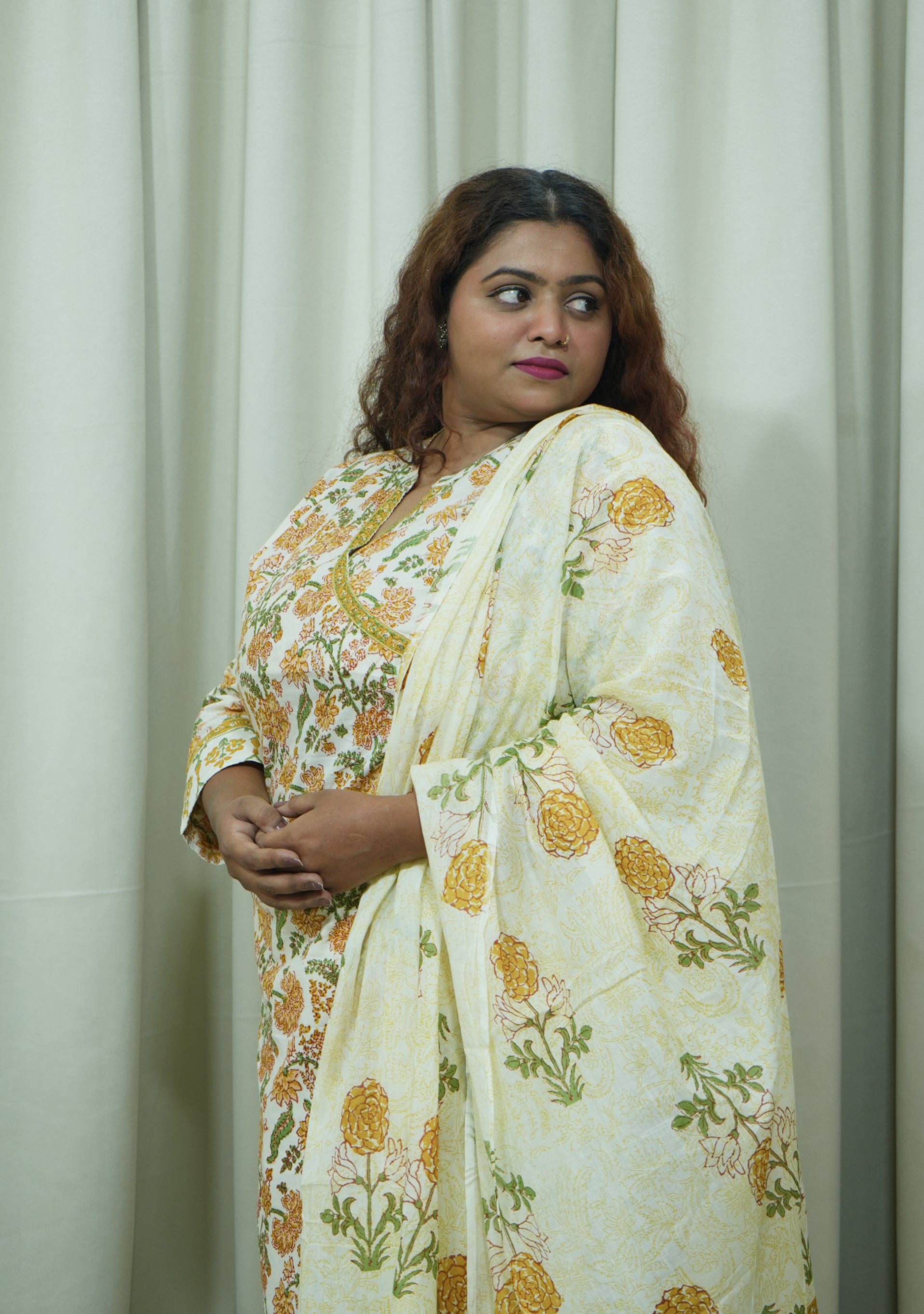 Cream Orange Printed Handcrafted Cotton 3pc suit set