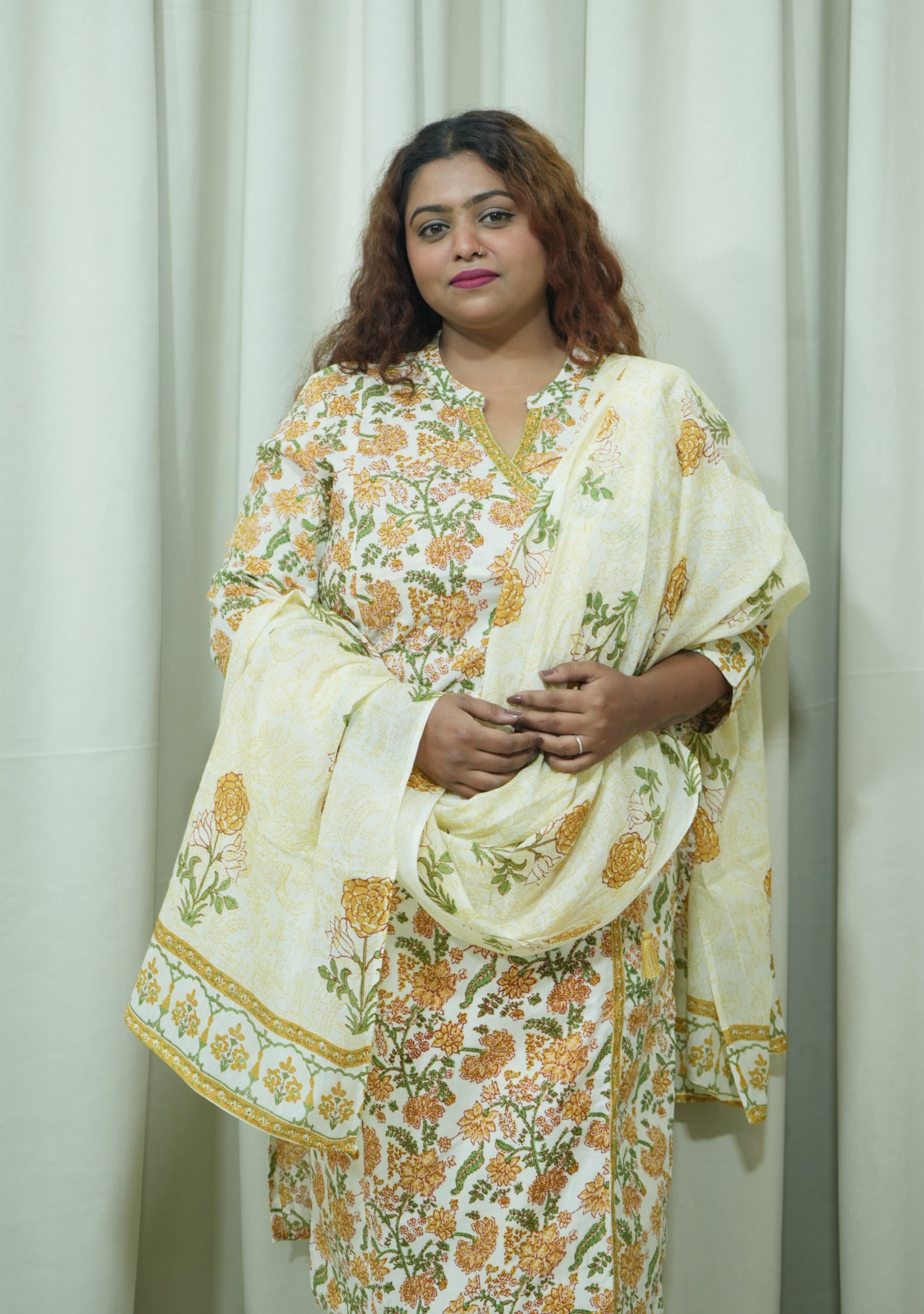 Cream Orange Printed Handcrafted Cotton 3pc suit set