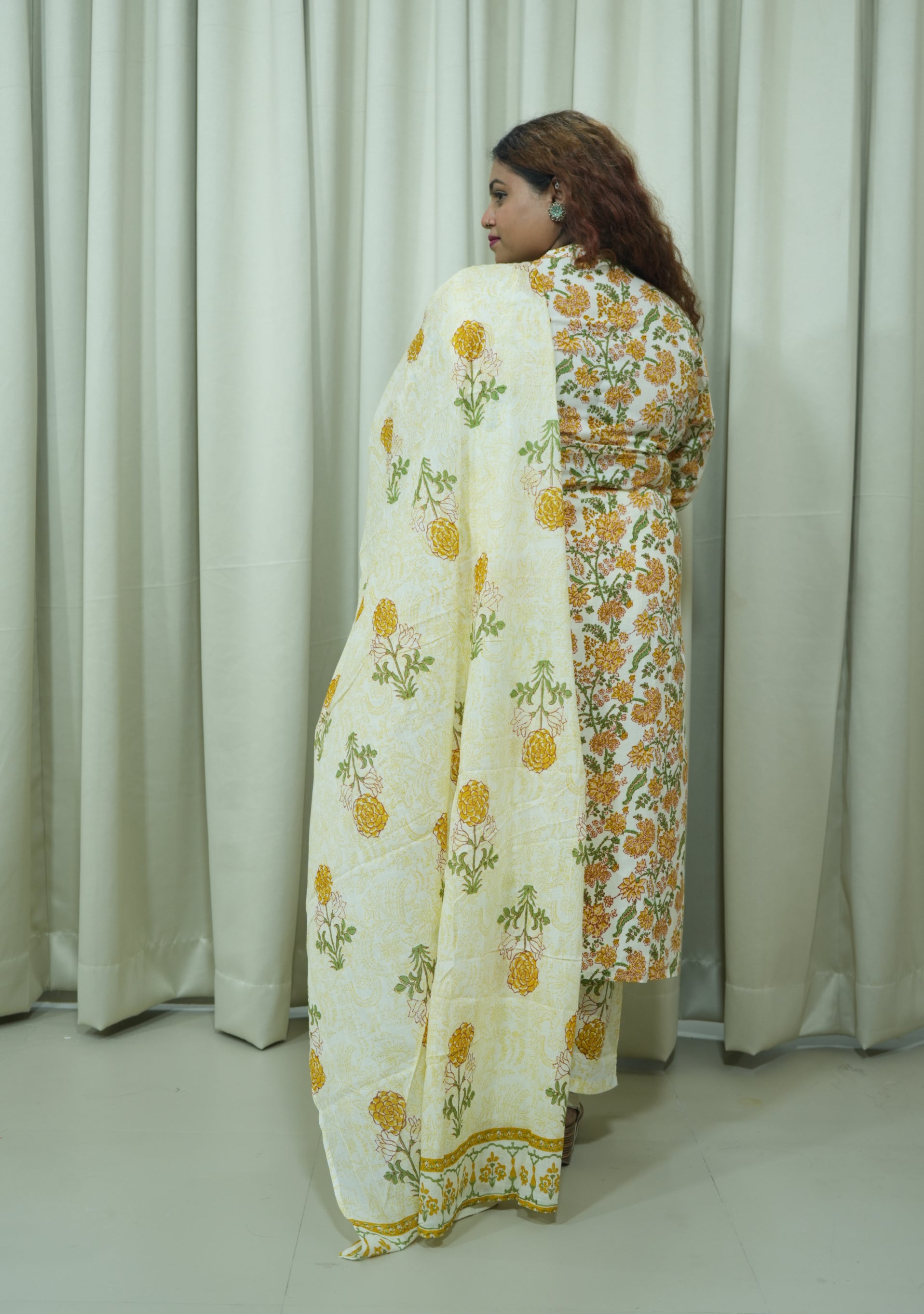 Cream Orange Printed Handcrafted Cotton 3pc suit set