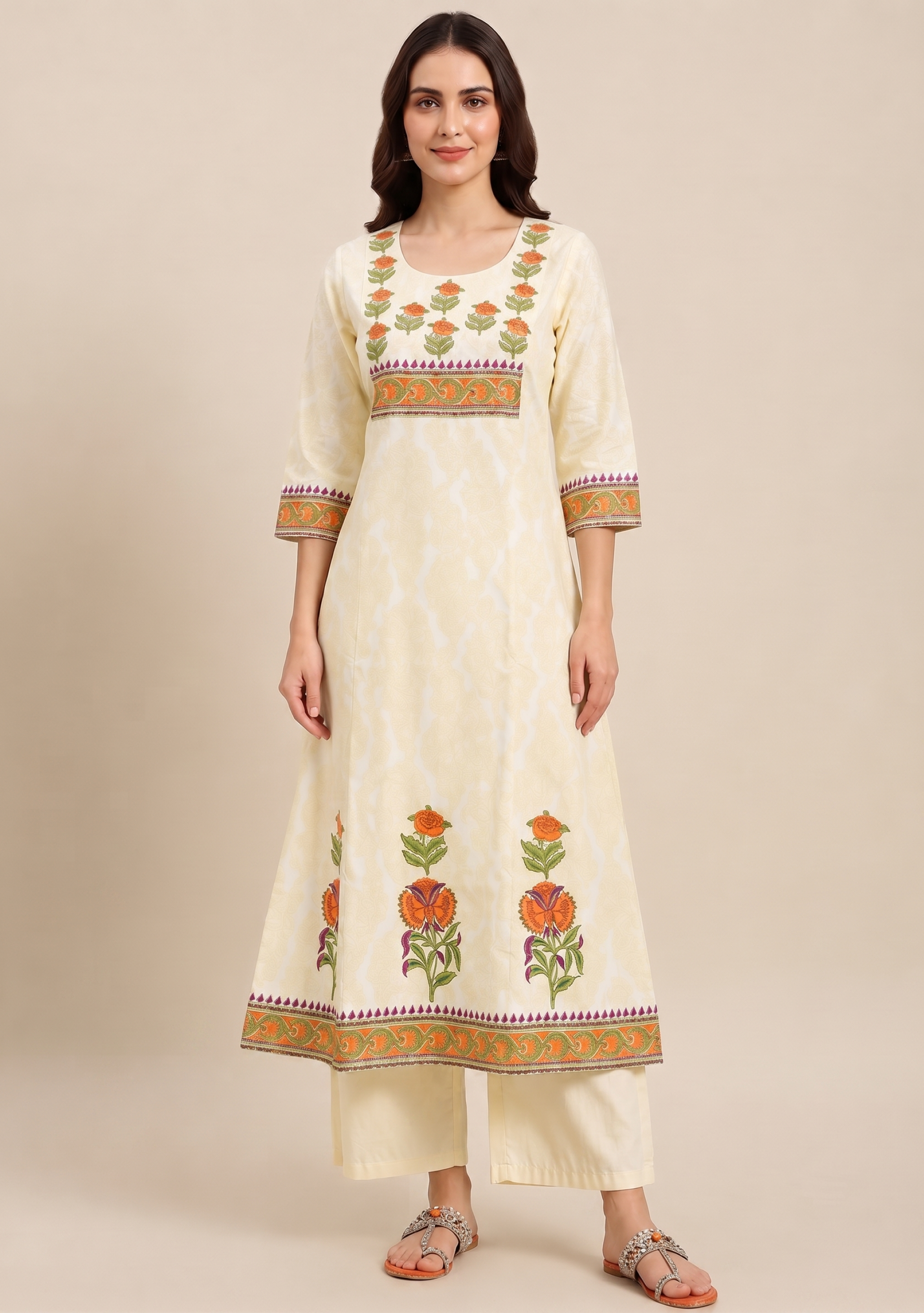 Cream Printed Embroidered Anarkali 3pc Suit Set
