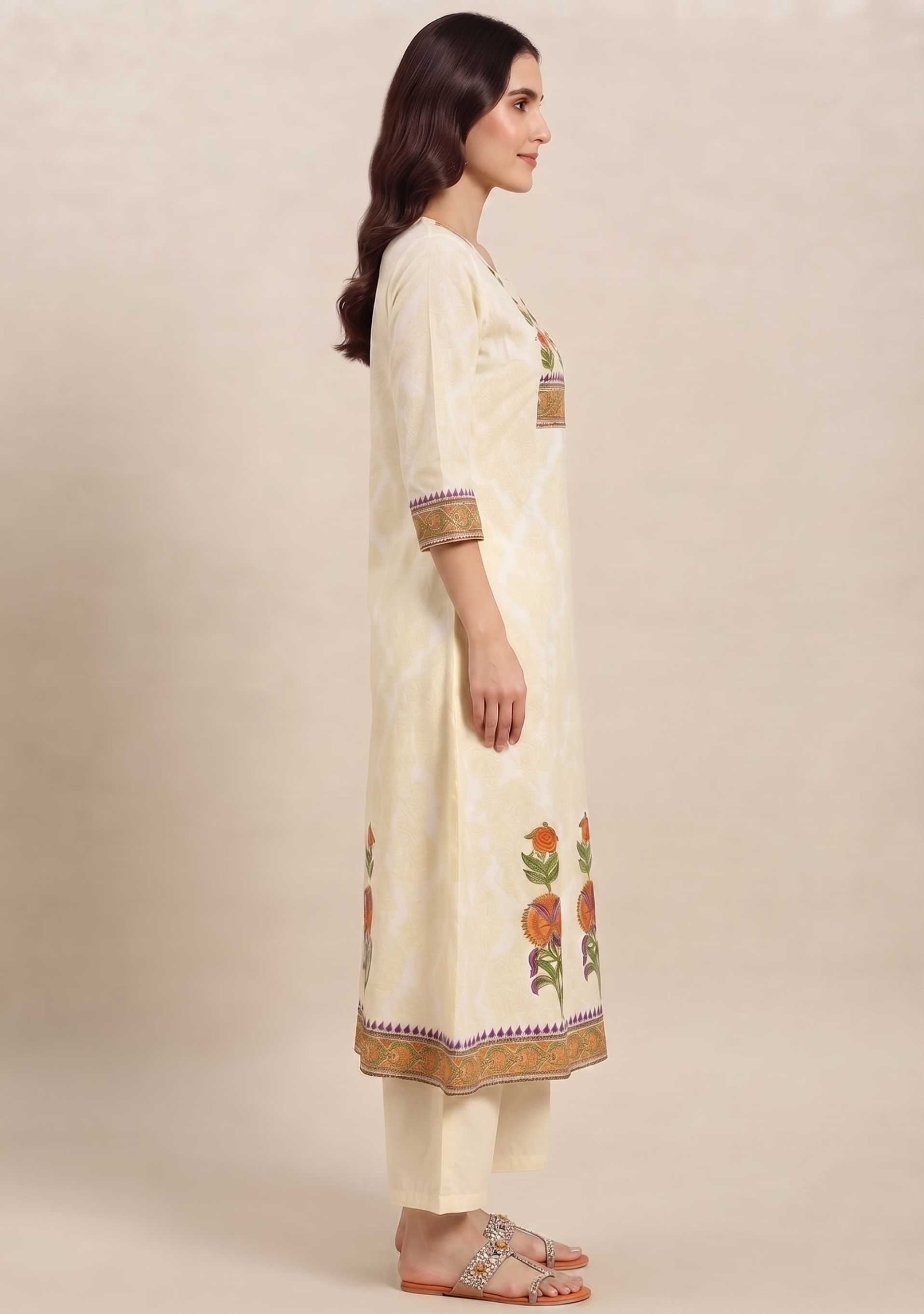 Cream Printed Embroidered Anarkali 3pc Suit Set