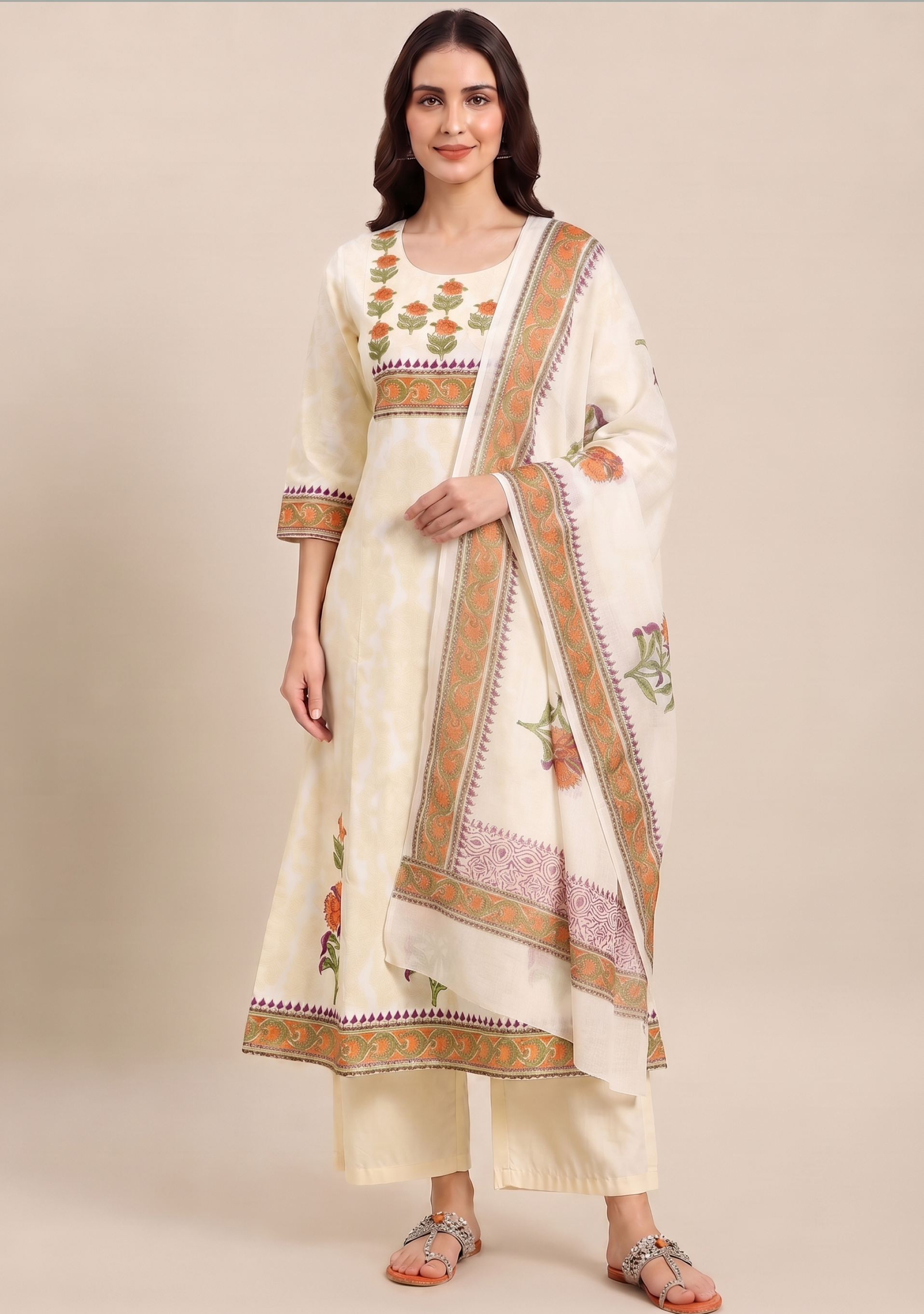 Cream Printed Embroidered Anarkali 3pc Suit Set