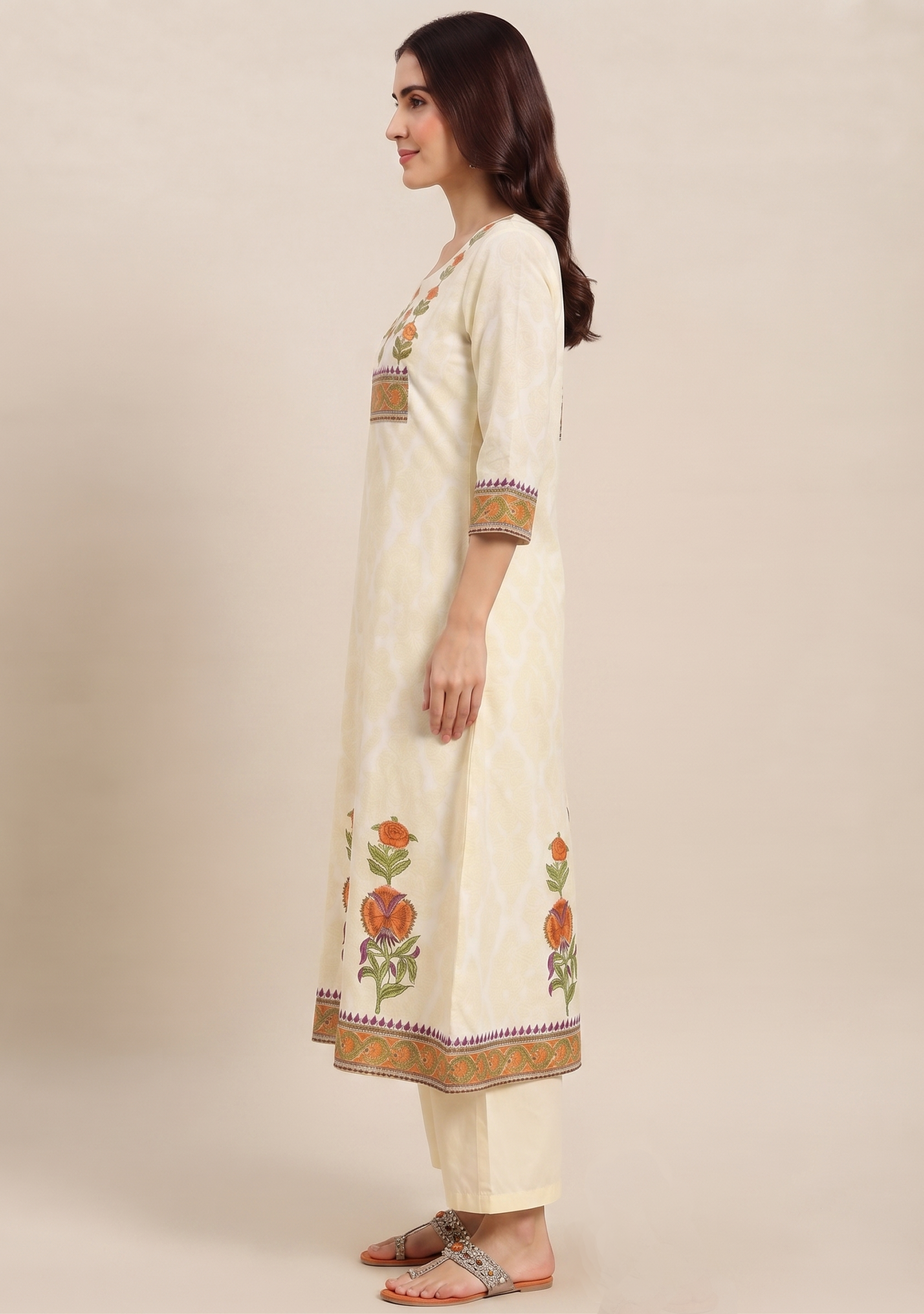Cream Printed Embroidered Anarkali 3pc Suit Set