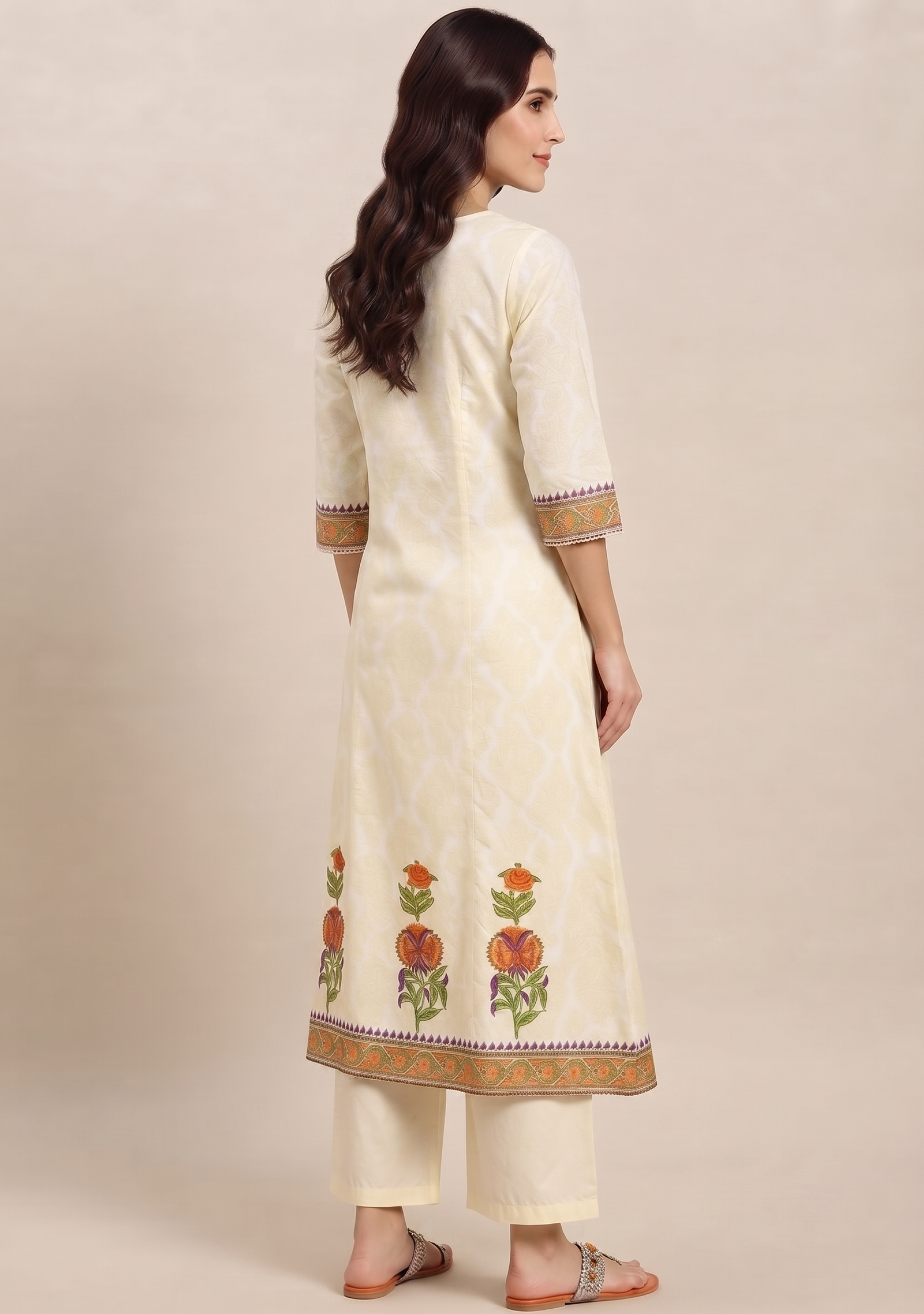 Cream Printed Embroidered Anarkali 3pc Suit Set