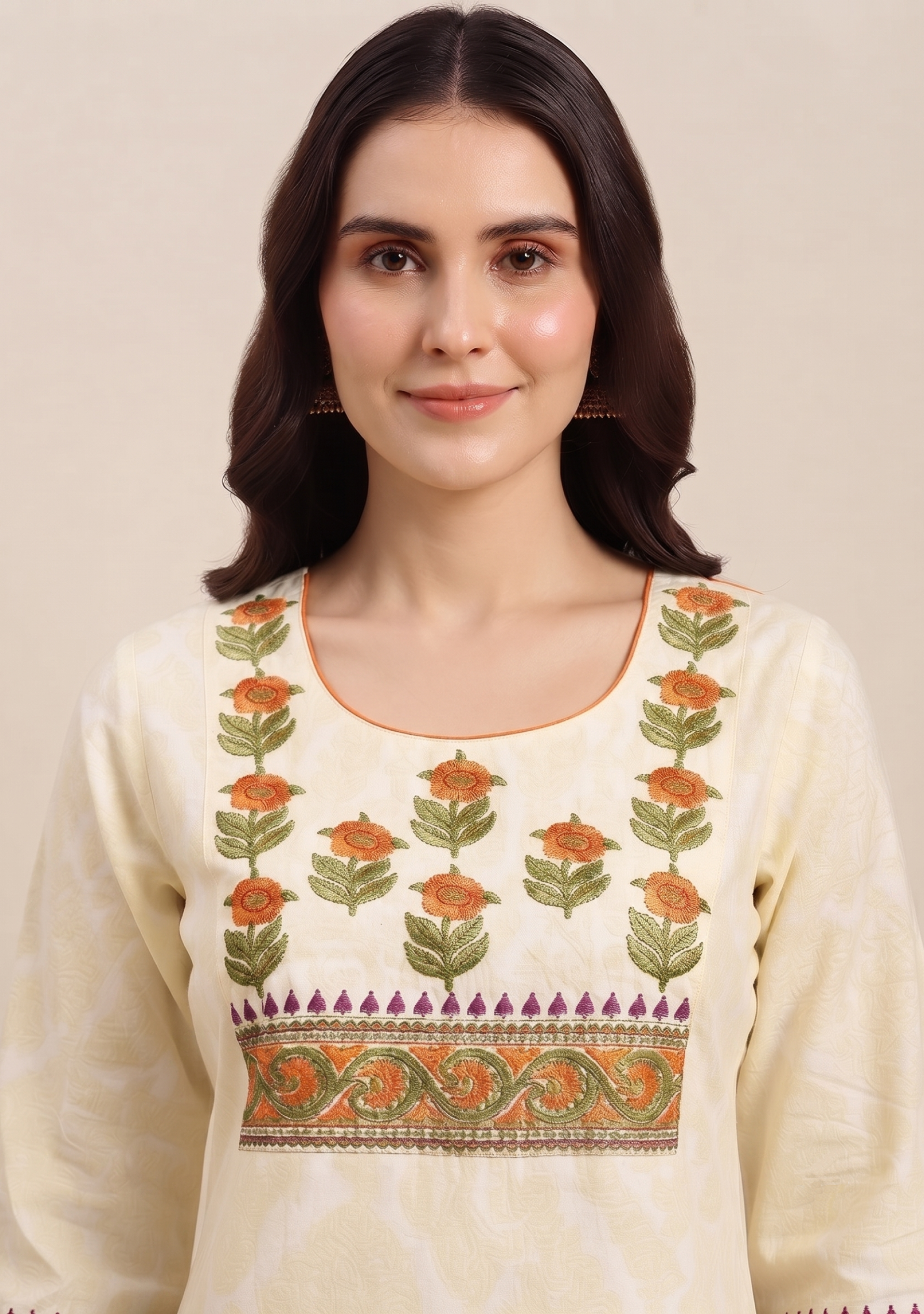 Cream Printed Embroidered Anarkali 3pc Suit Set