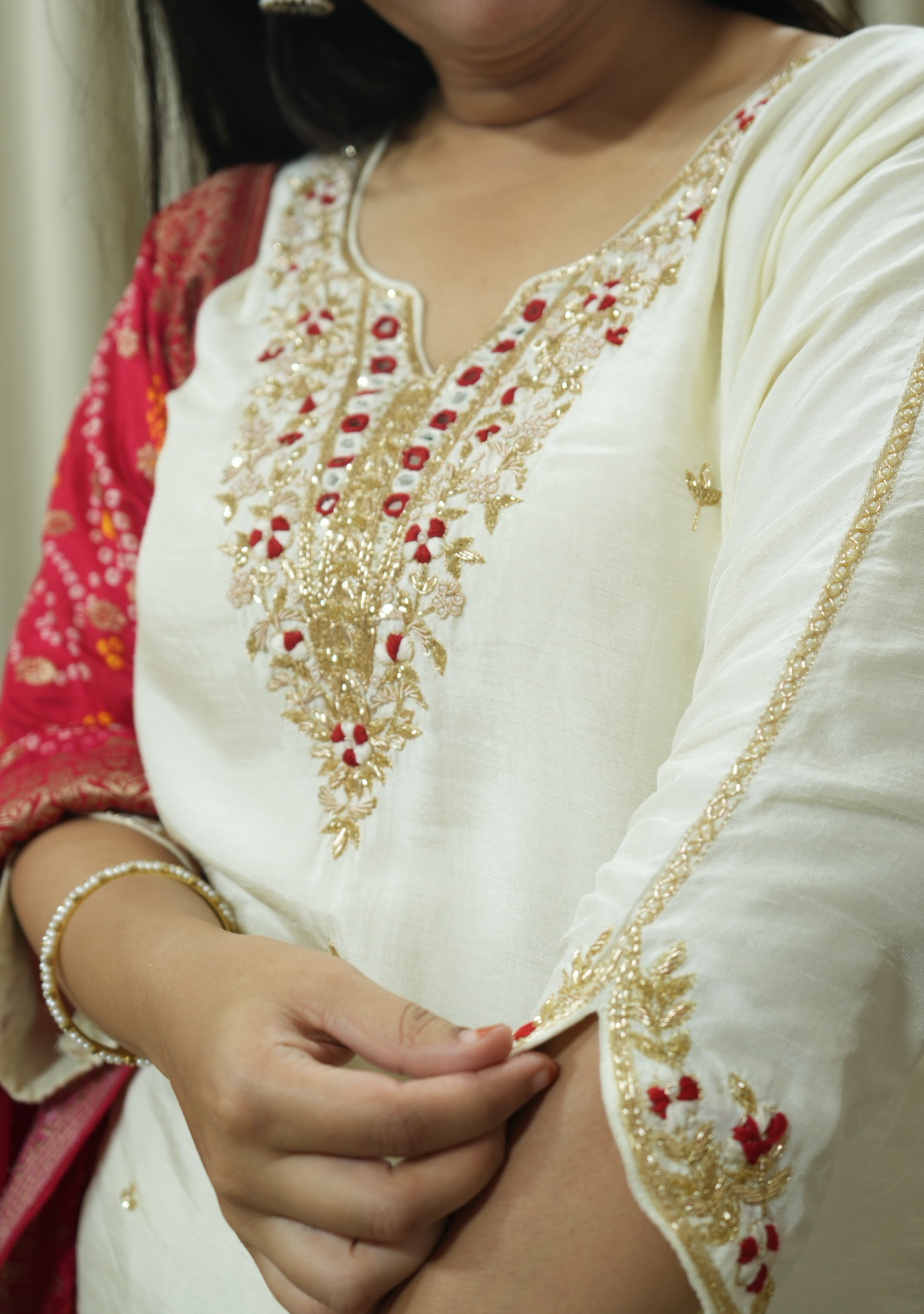 Cream Red Banarasi Dupatta Handcrafted Straight Suit
