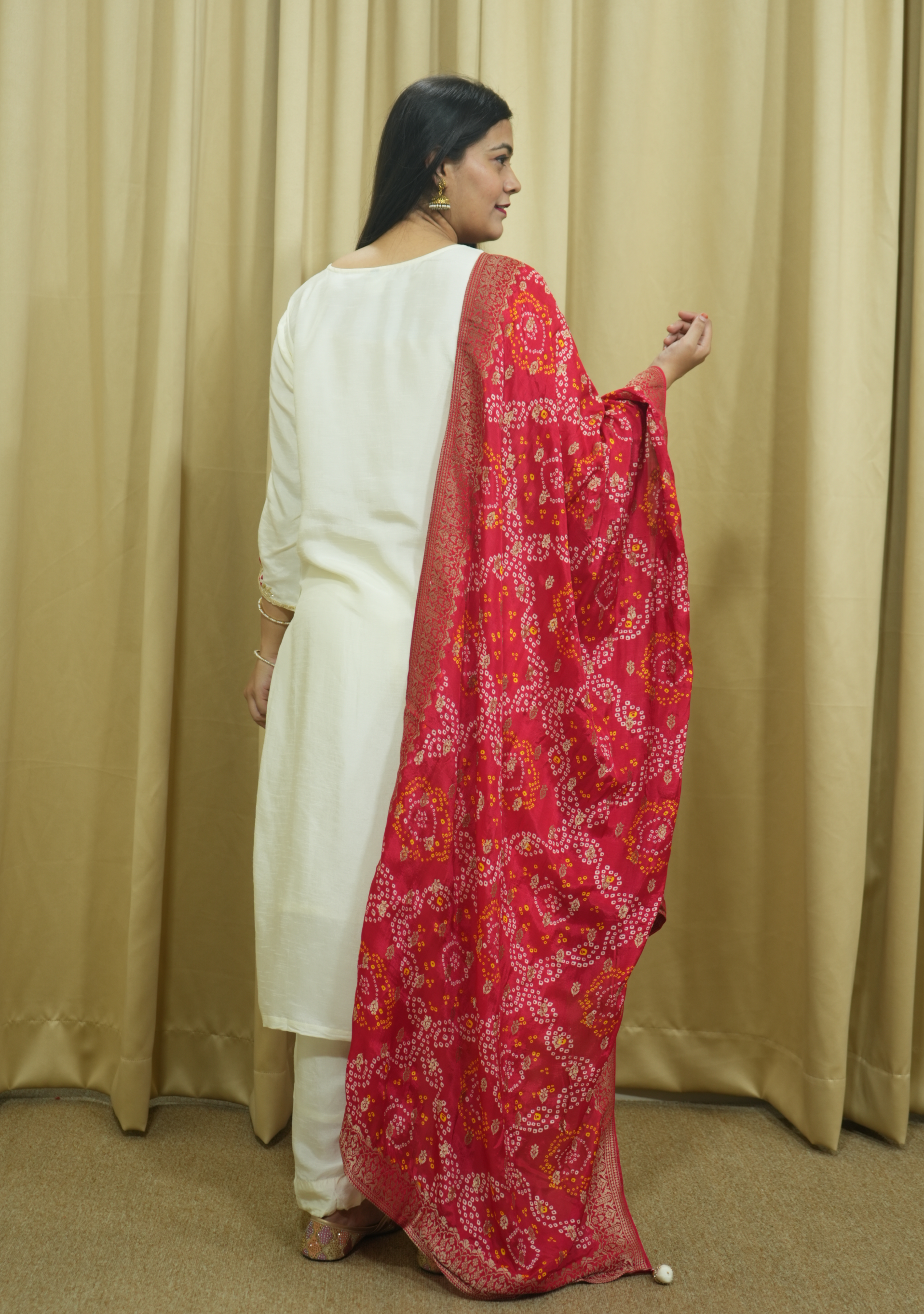 Cream Red Banarasi Dupatta Handcrafted Straight Suit