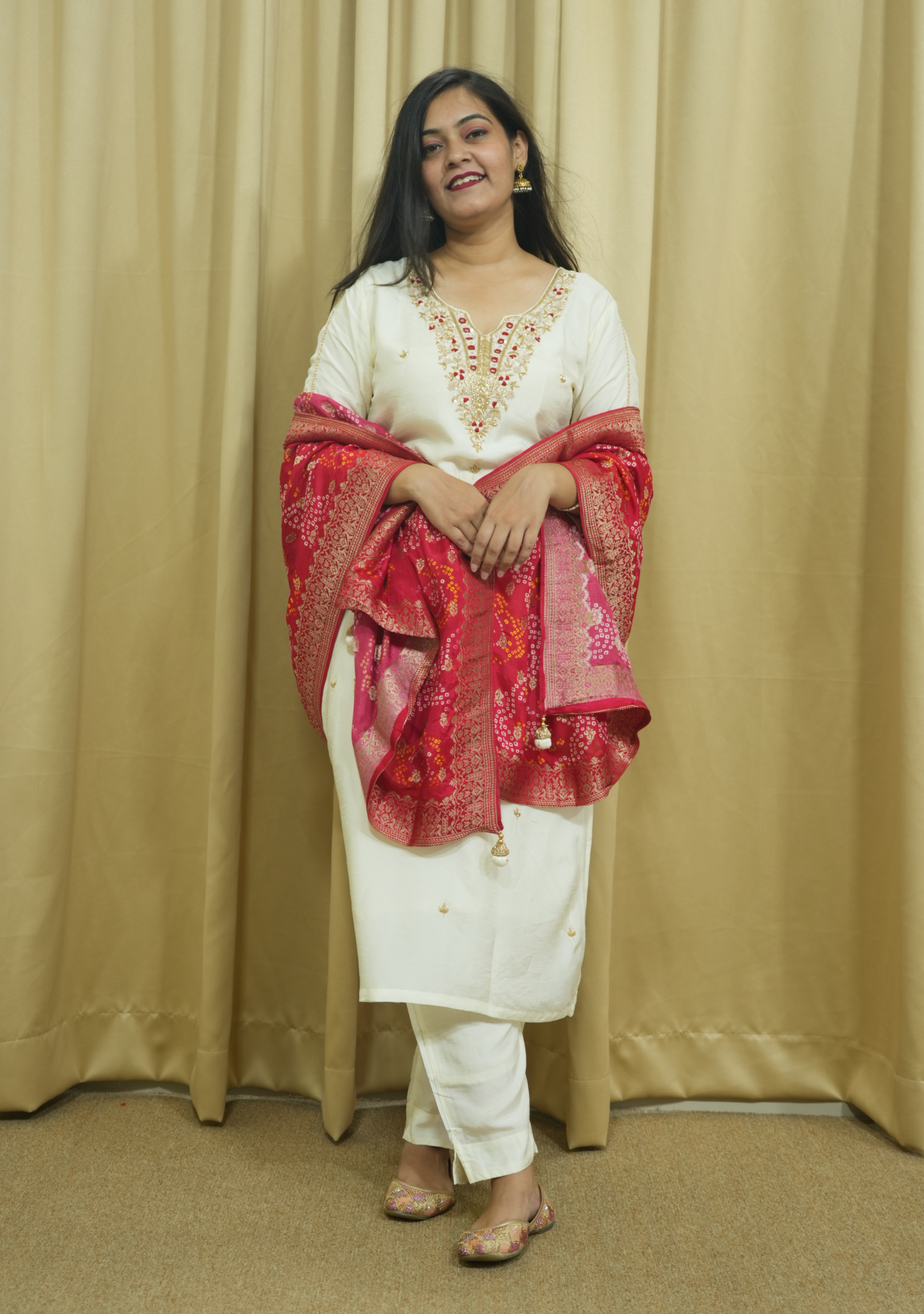 Cream Red Banarasi Dupatta Handcrafted Straight Suit