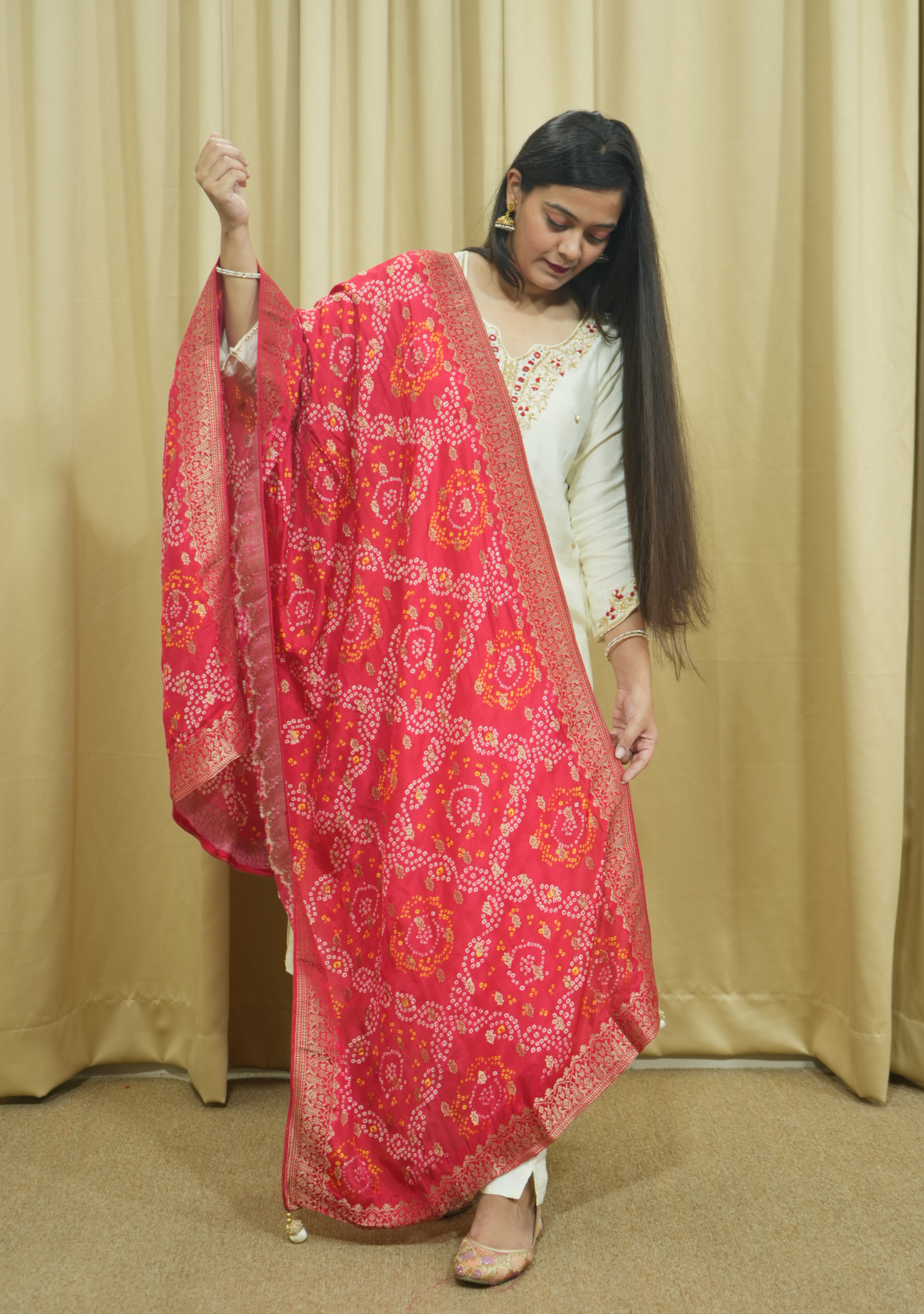 Cream Red Banarasi Dupatta Handcrafted Straight Suit