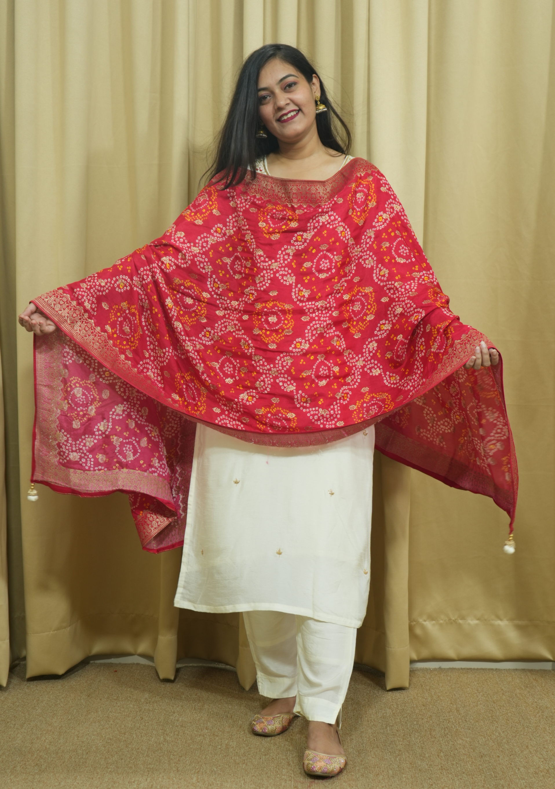 Cream Red Banarasi Dupatta Handcrafted Straight Suit