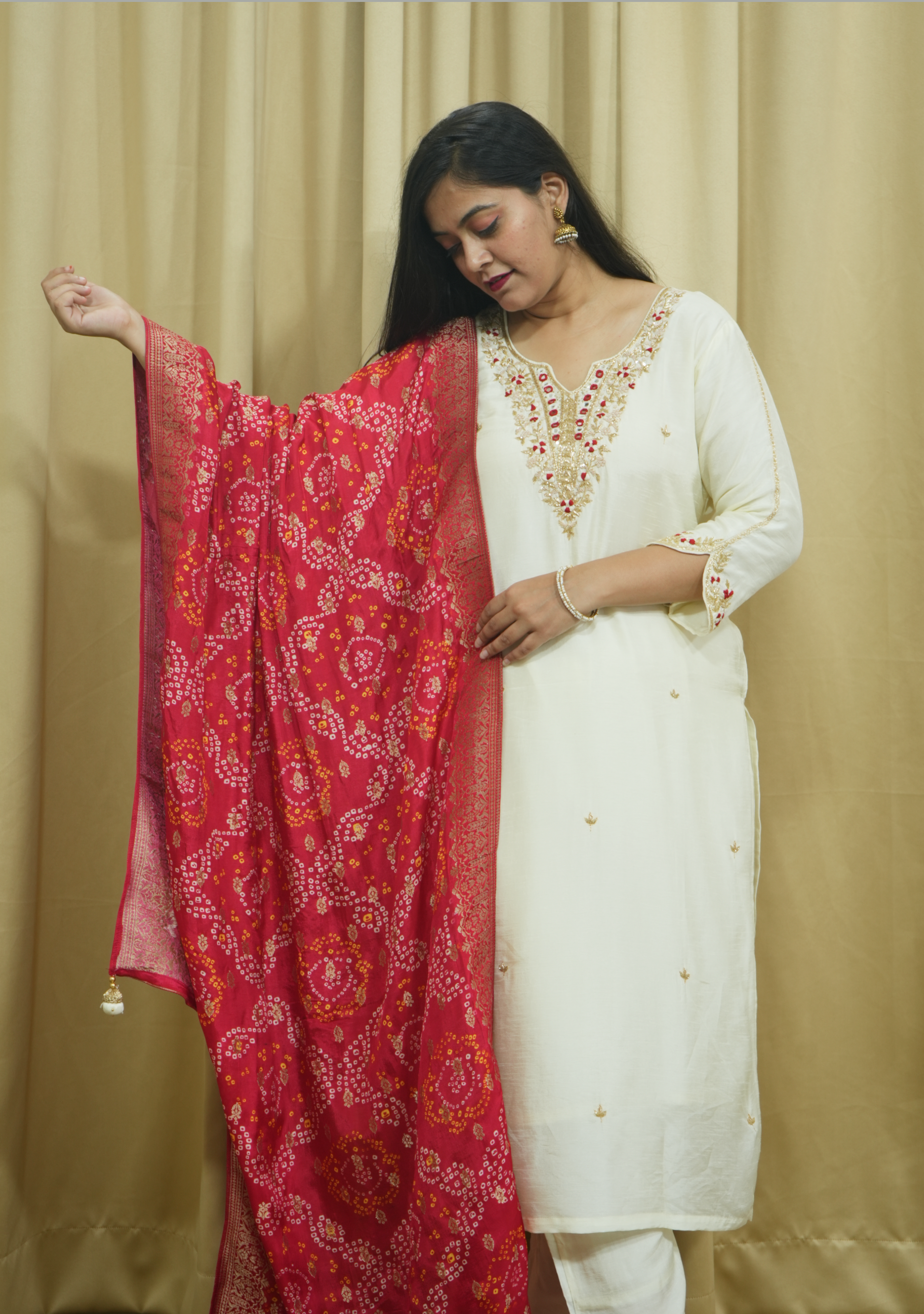 Cream Red Banarasi Dupatta Handcrafted Straight Suit