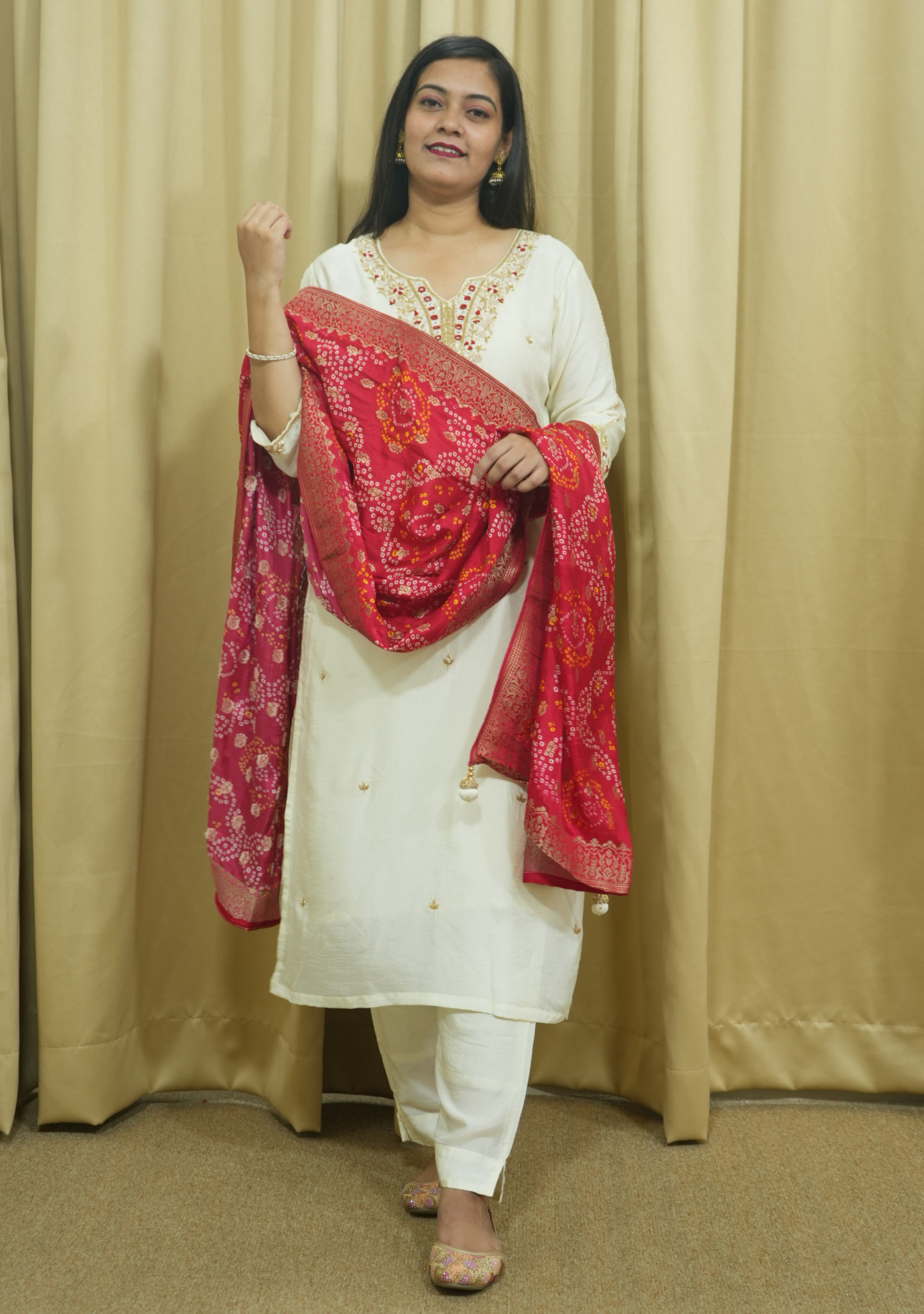 Cream Red Banarasi Dupatta Handcrafted Straight Suit