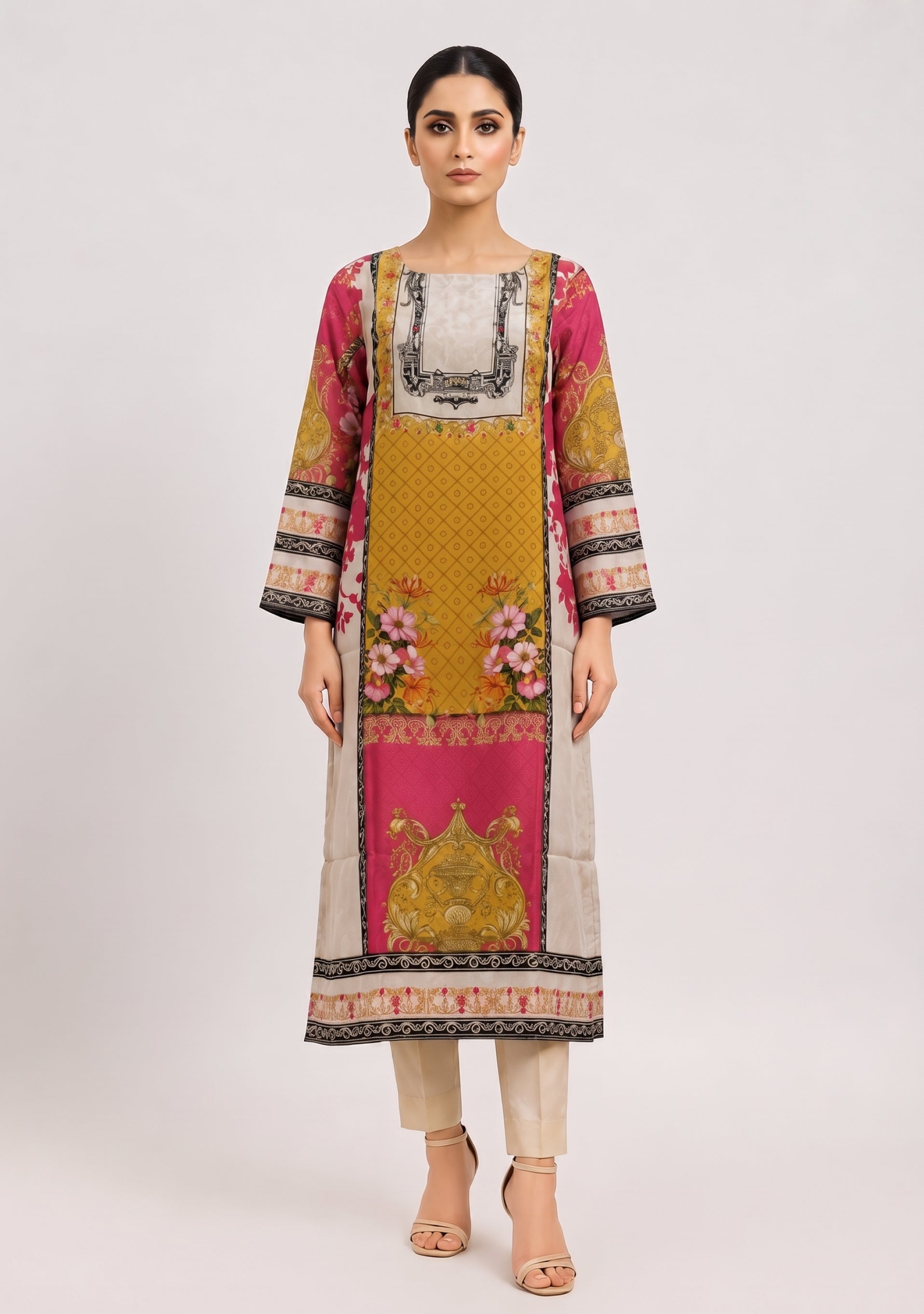 Crepe Ochre Yellow Peach shimmer handwork 3pc suit set