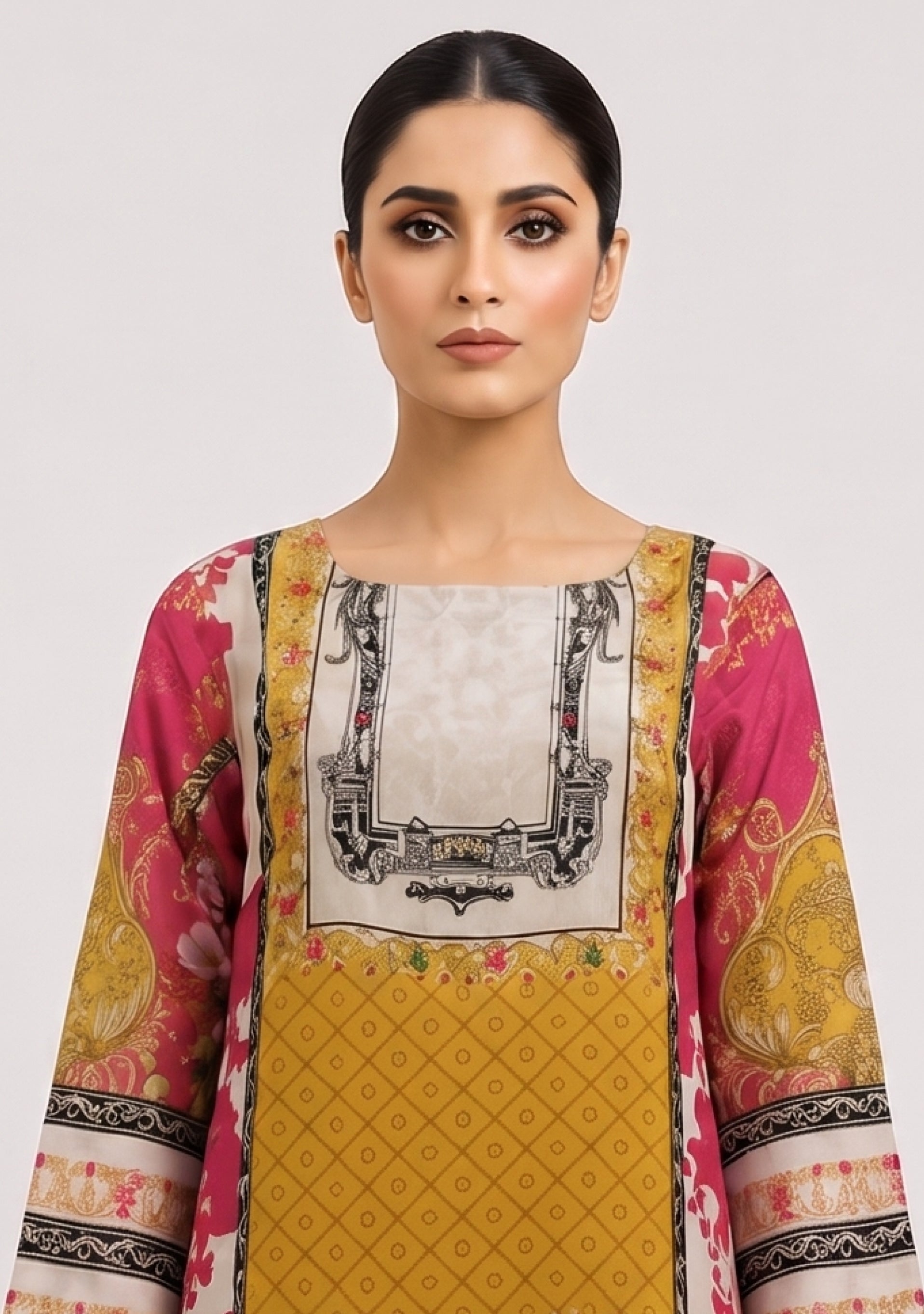 Crepe Ochre Yellow Peach shimmer handwork 3pc suit set