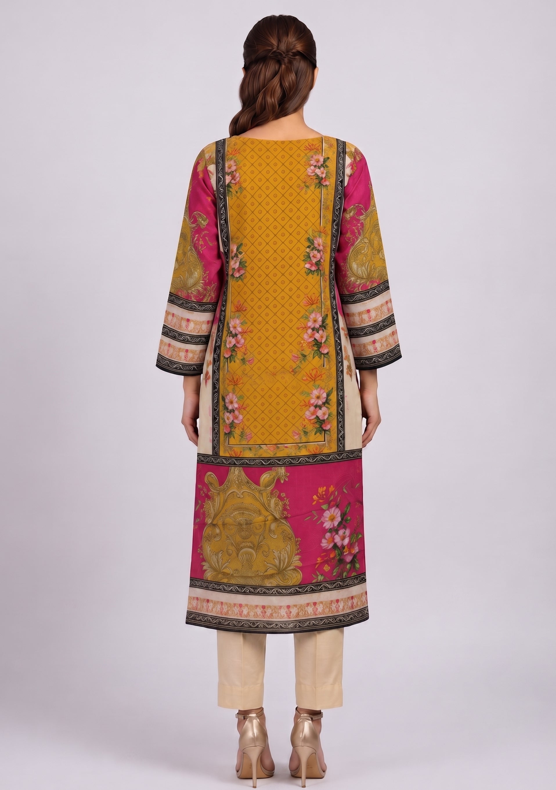 Crepe Ochre Yellow Peach shimmer handwork 3pc suit set