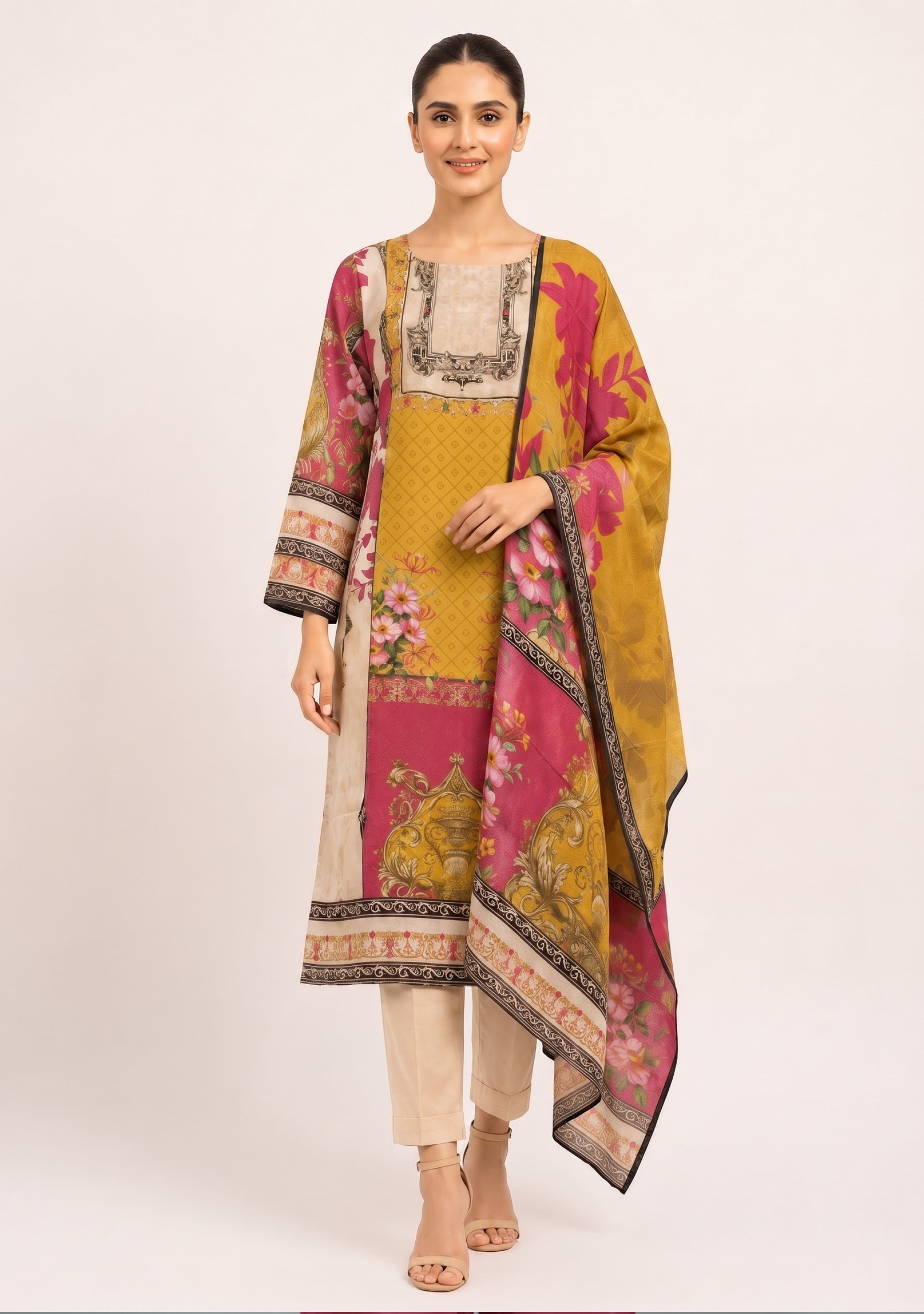 Crepe Ochre Yellow Peach shimmer handwork 3pc suit set