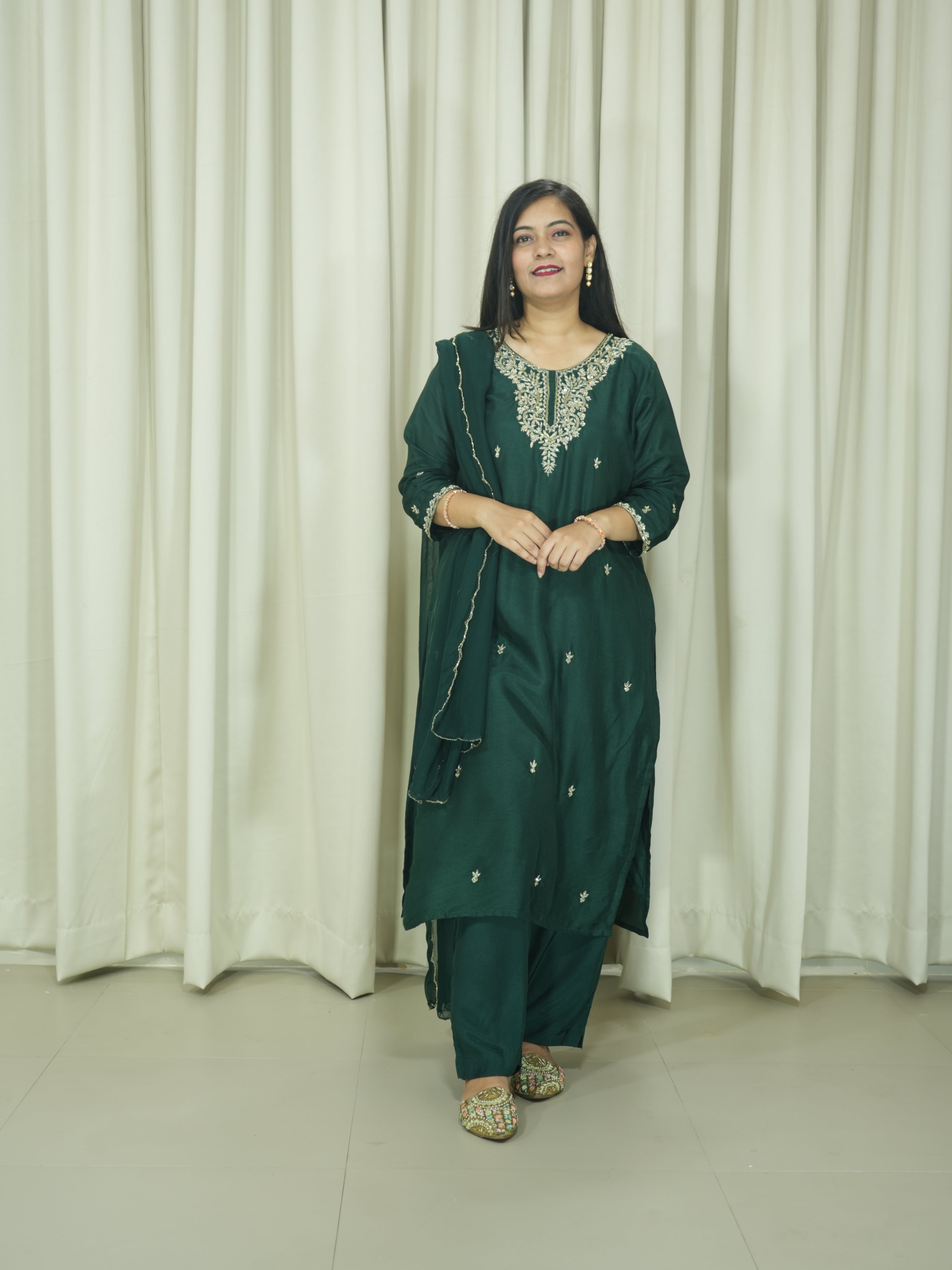 Bottle Green Art Silk Handcrafted 3pc Suit set
