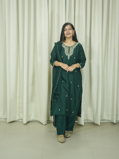 Bottle Green Art Silk Handcrafted 3pc Suit set
