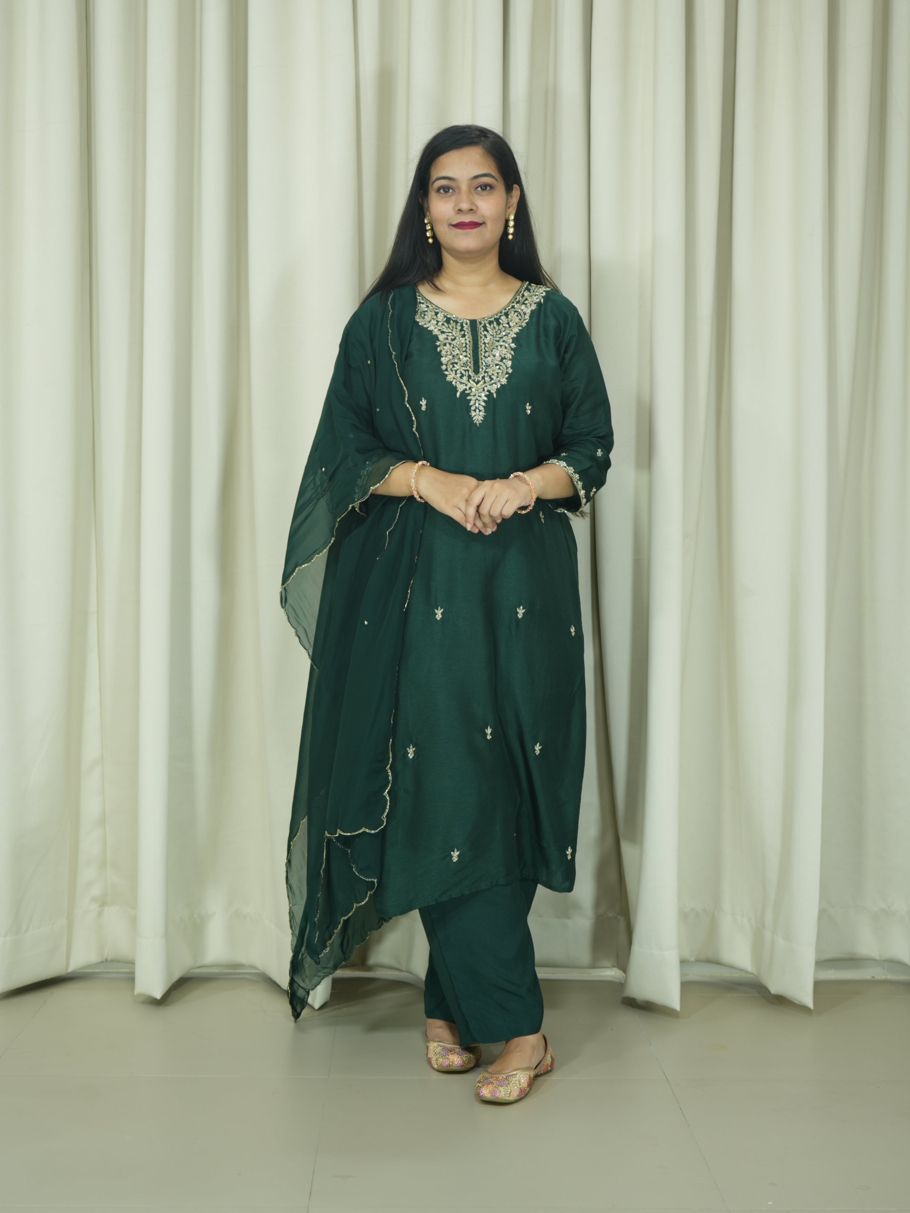 Bottle Green Art Silk Handcrafted 3pc Suit set