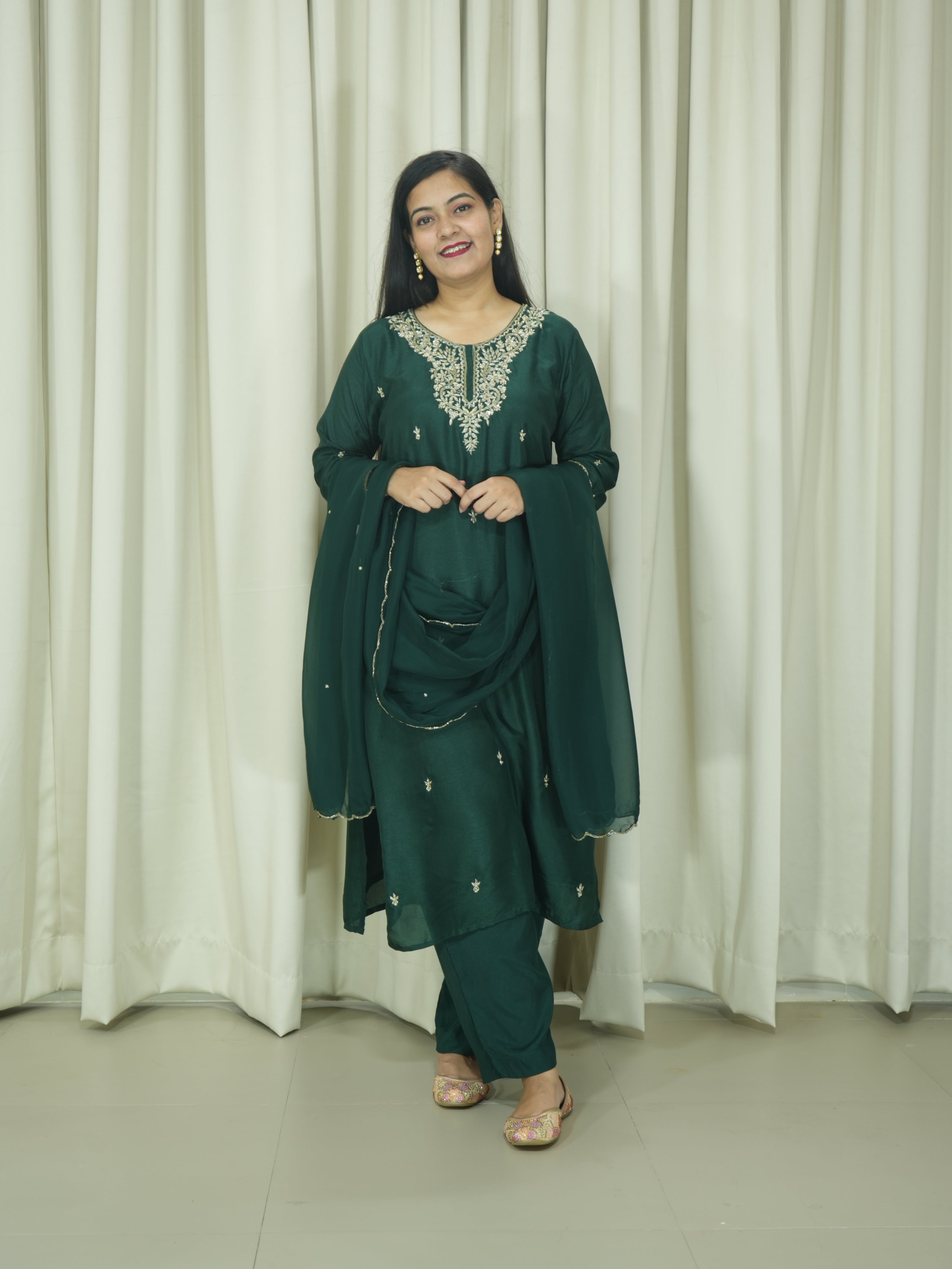 Bottle Green Art Silk Handcrafted 3pc Suit set