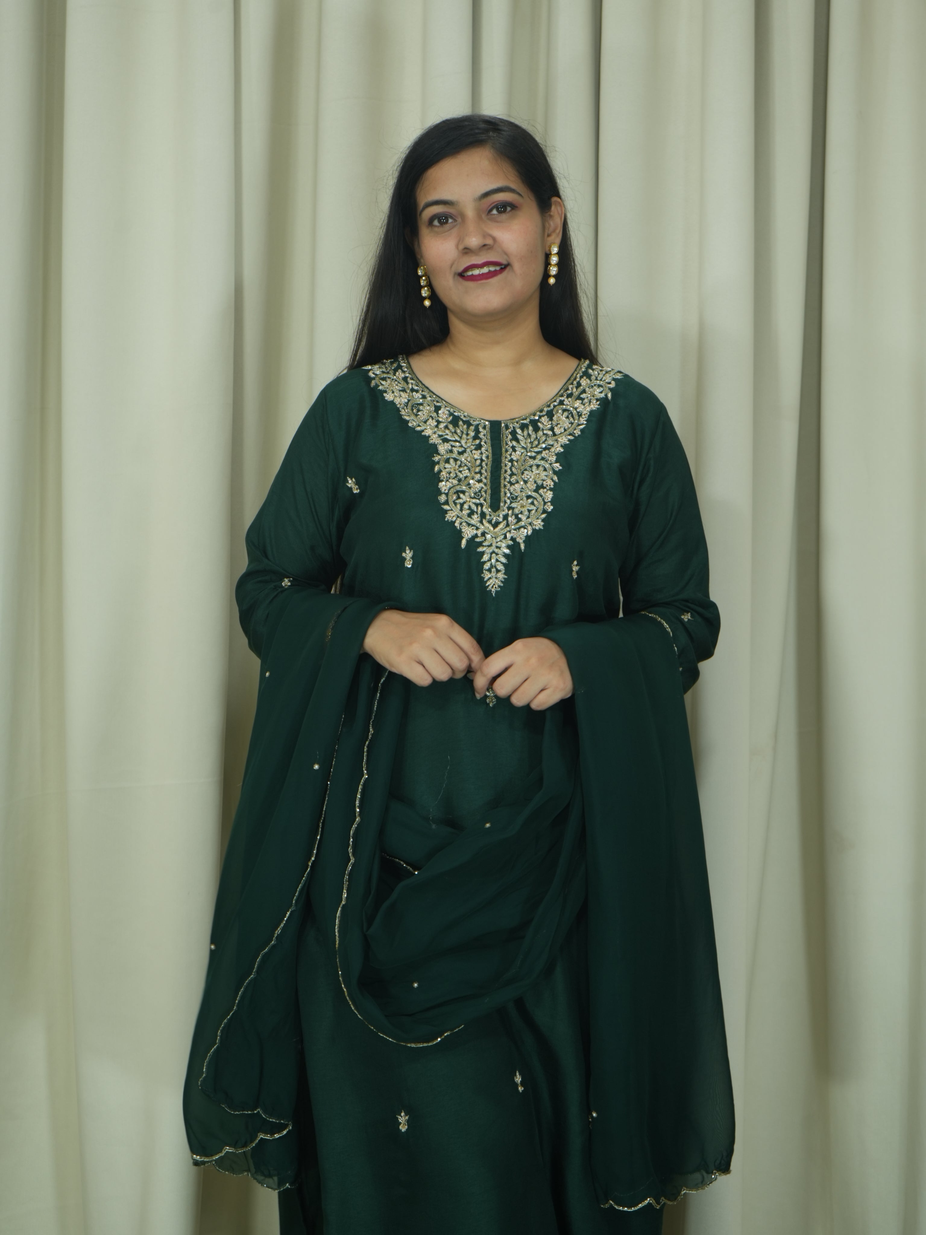 Bottle Green Art Silk Handcrafted 3pc Suit set