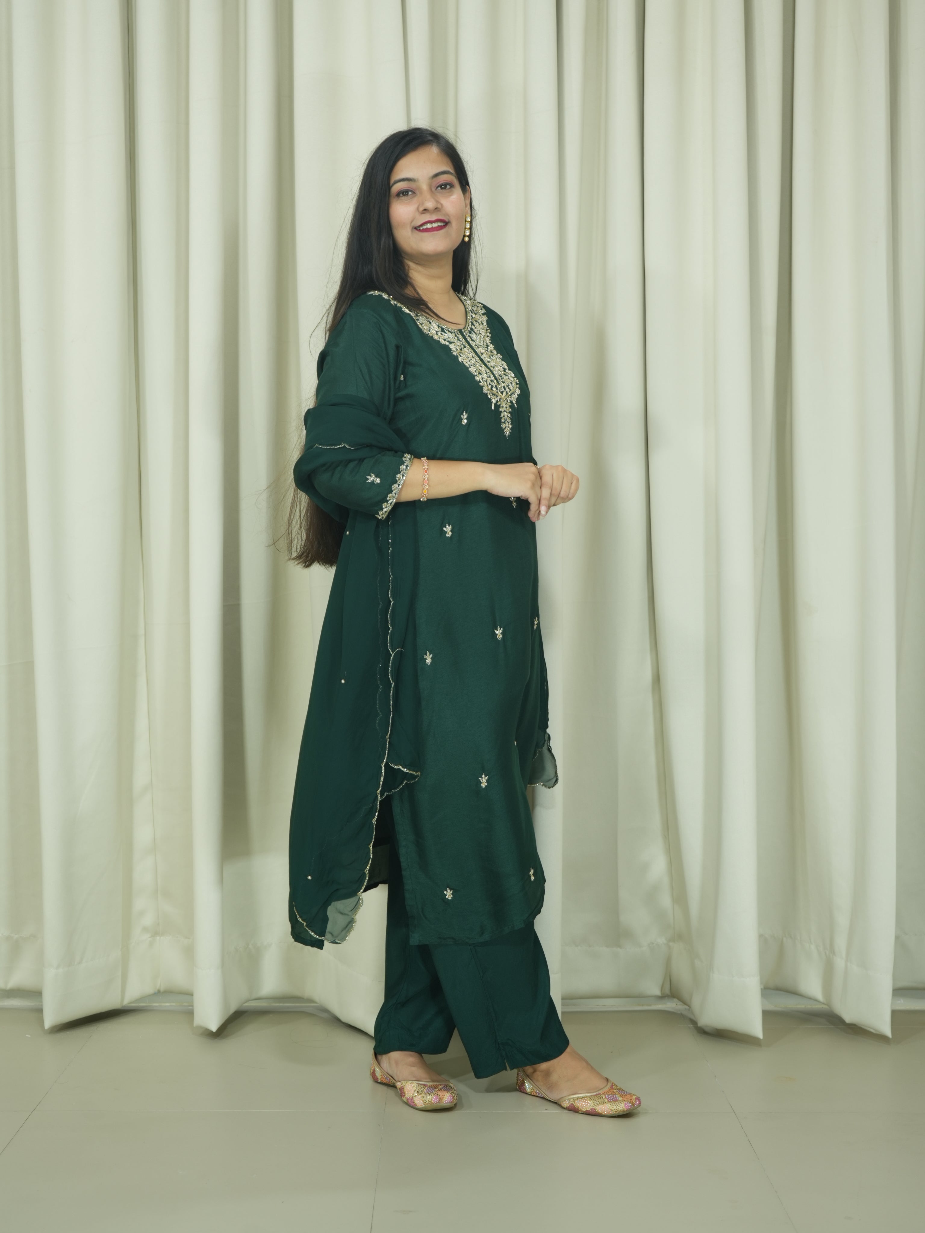 Bottle Green Art Silk Handcrafted 3pc Suit set