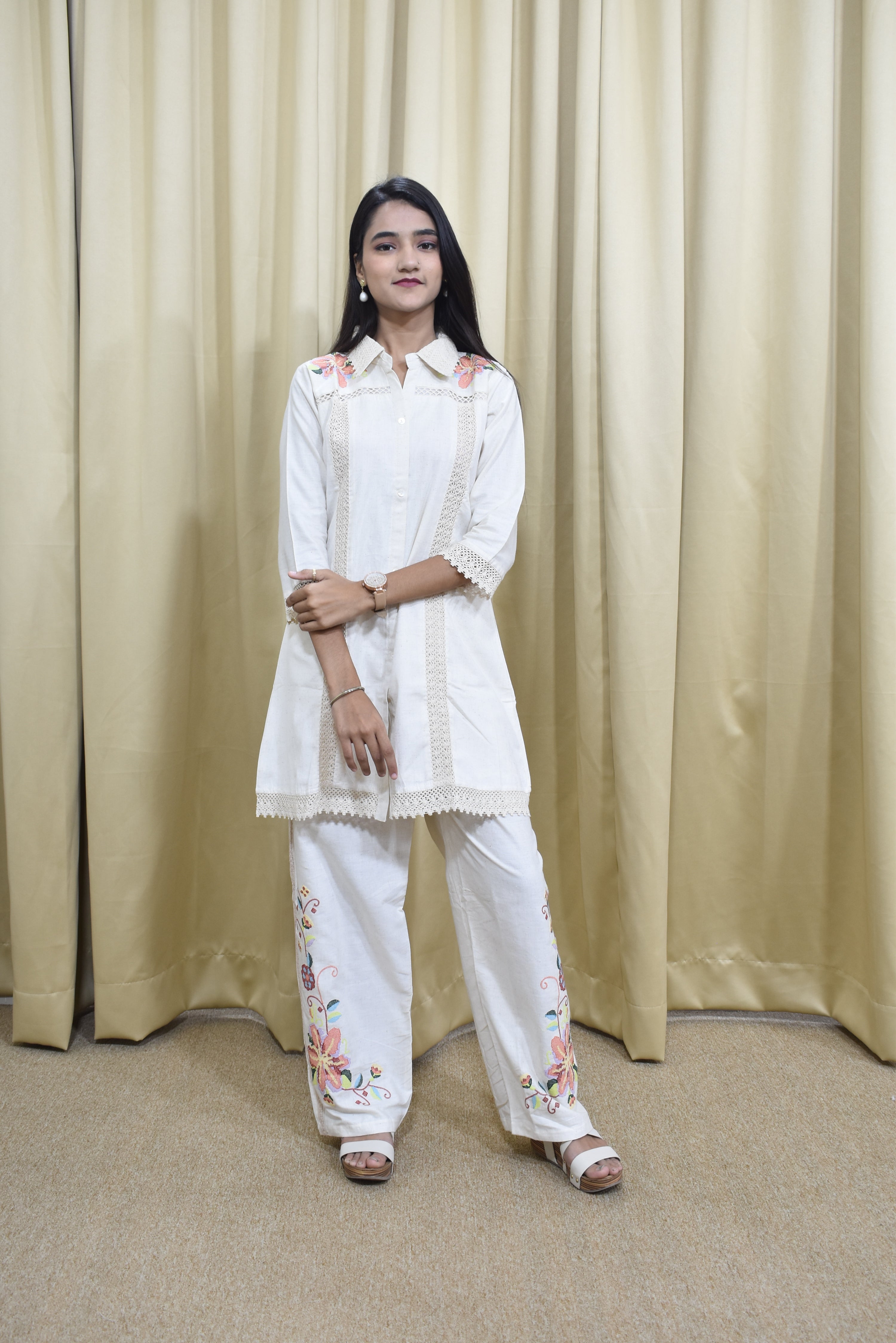 Cream Beige Striped Khadi Metty Work suit set